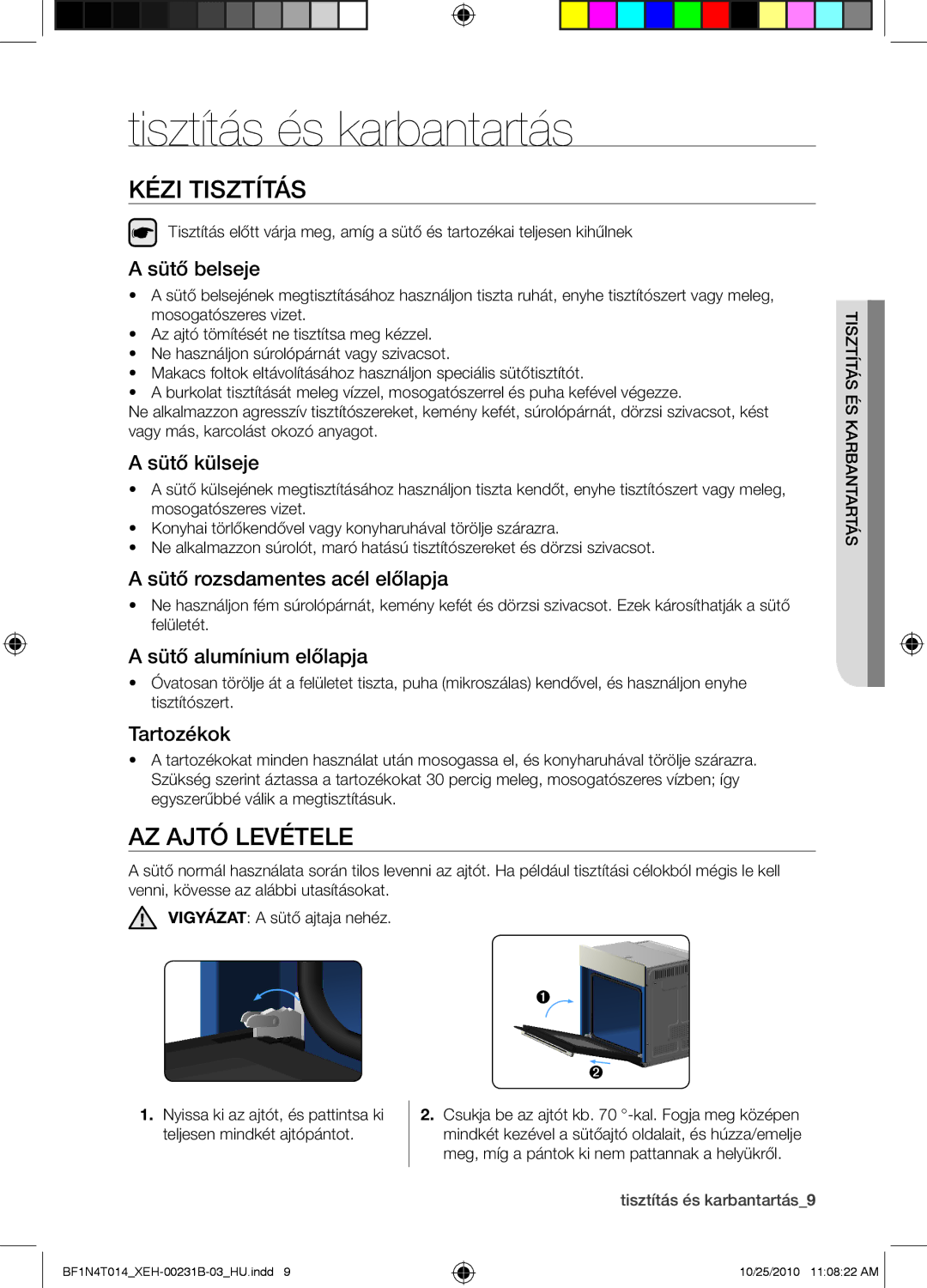 Samsung BF1N4T014/XEH, BF1N4B008/XEH manual Tisztítás és karbantartás, Kézi tisztítás, Az ajtó levétele 