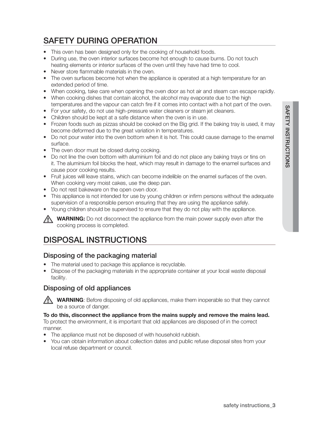 Samsung BF1N4B008/XEH manual Safety during operation, Disposal Instructions, Disposing of the packaging material 