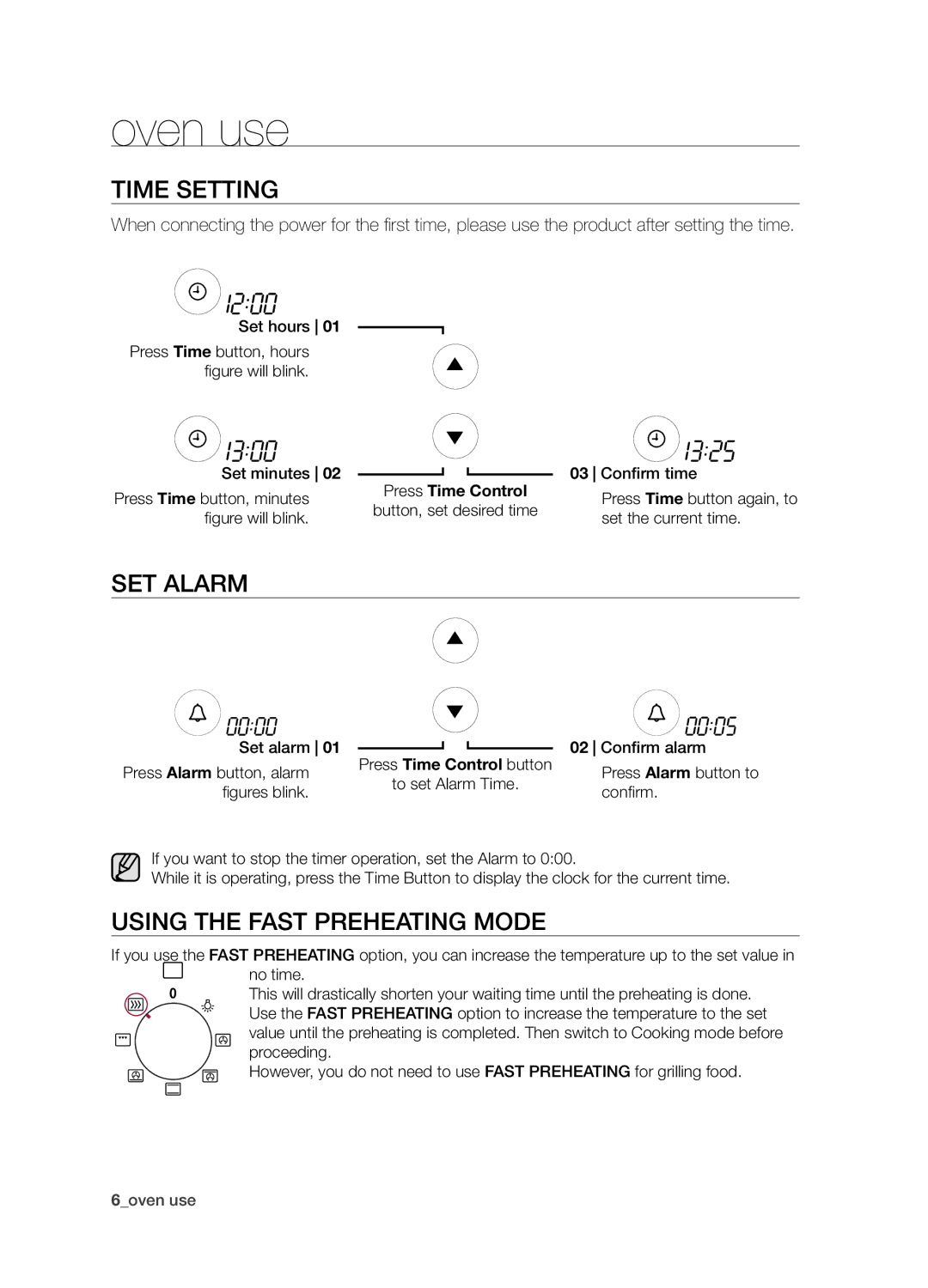 Samsung BF1N4B008/XEH manual Oven use, Time setting, Set Alarm, Using the Fast Preheating mode 