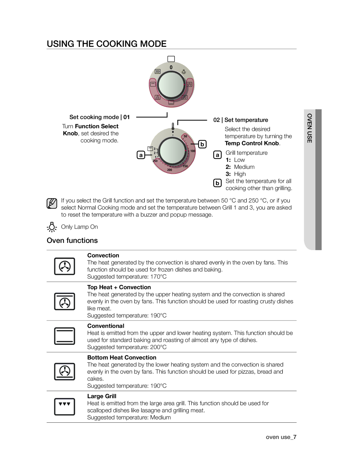 Samsung BF1N4B008/XEH manual Using the Cooking mode, Oven functions 