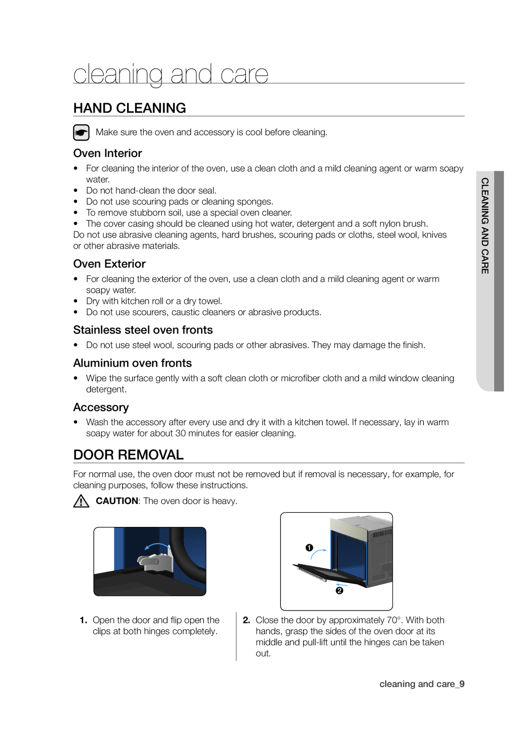 Samsung BF1N4B008/XEH manual Cleaning and care, Hand Cleaning, Door Removal 