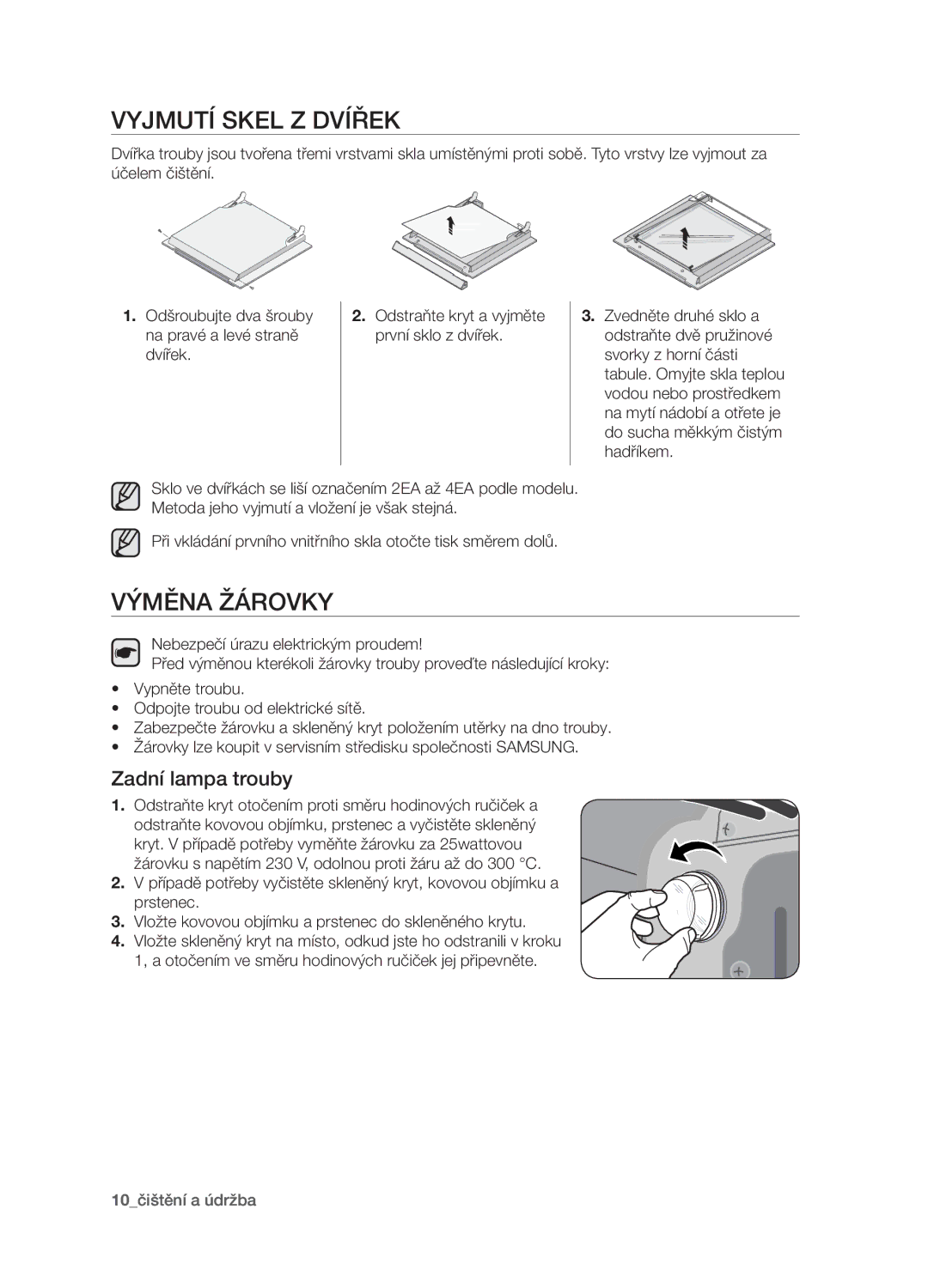 Samsung BF1N4B008/XEH manual Vyjmutí skel z dvířek, Výměna žárovky, Zadní lampa trouby 