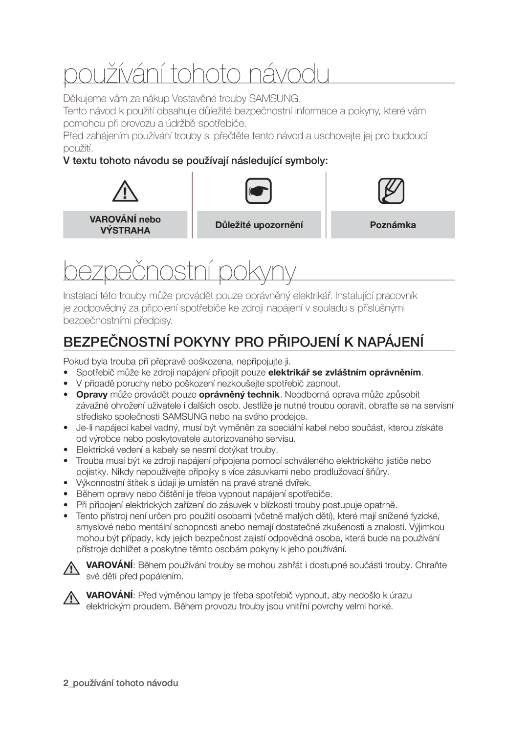 Samsung BF1N4B008/XEH manual Používání tohoto návodu, Bezpečnostní pokyny pro připojení k napájení, Varování nebo 