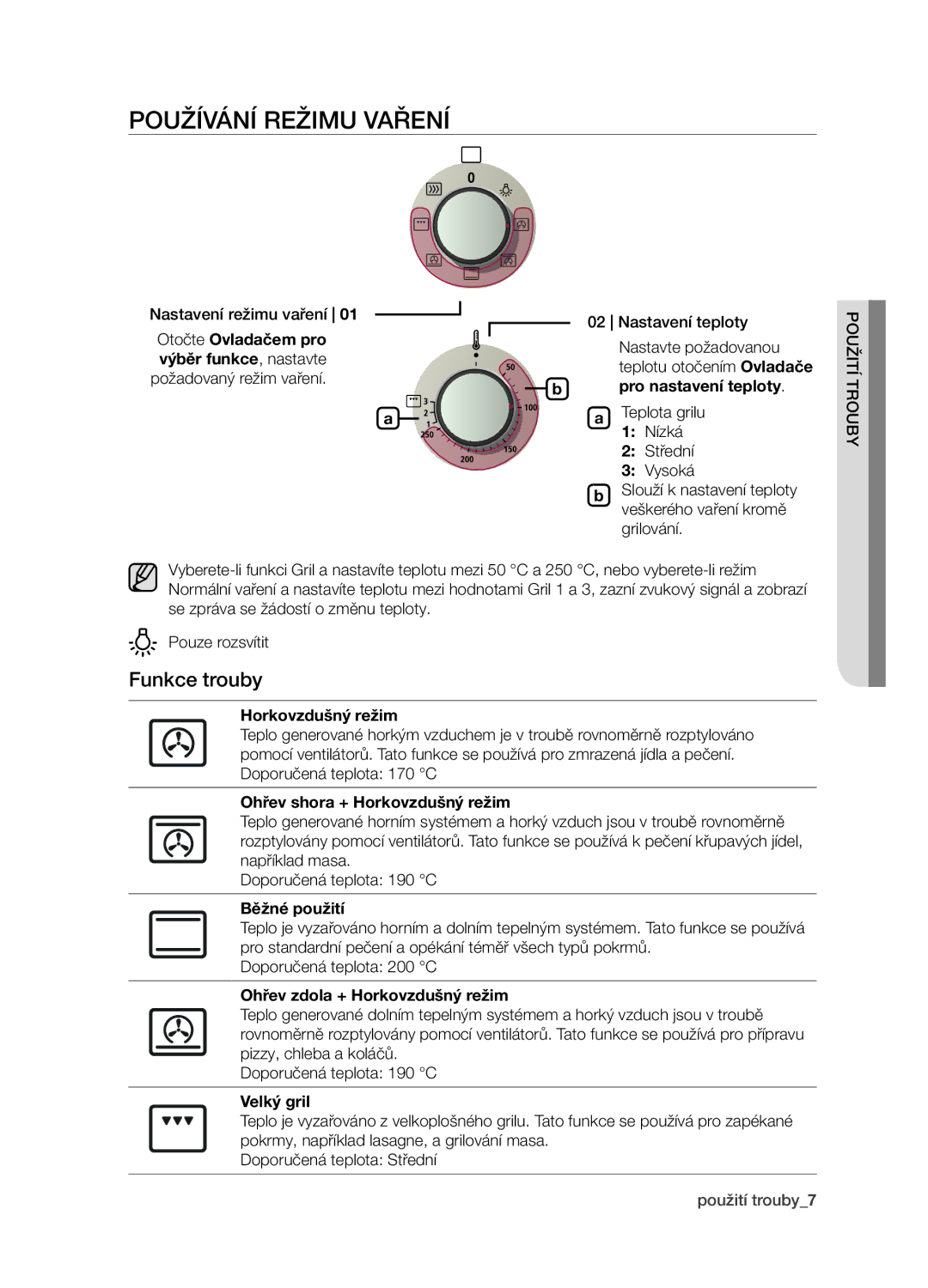 Samsung BF1N4B008/XEH manual Používání režimu Vaření, Funkce trouby 