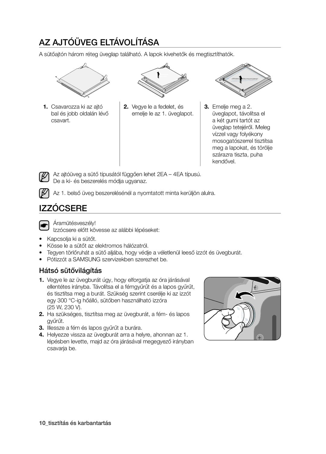 Samsung BF1N4B008/XEH manual Az ajtóüveg eltávolítása, Izzócsere, Hátsó sütővilágítás 