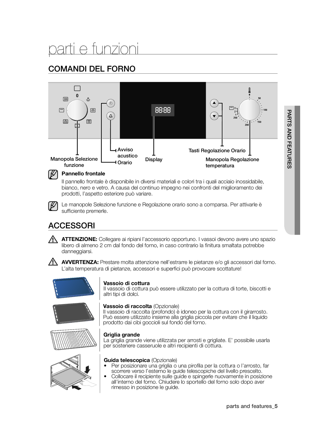 Samsung BF1N4T013/XET manual Parti e funzioni, Comandi del forno, Accessori 