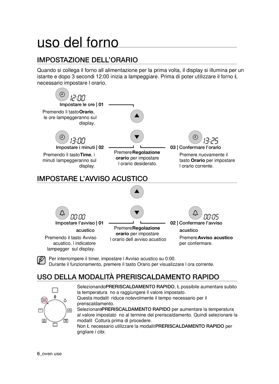 Samsung BF1N4T013/XET manual Uso del forno, ImpoStazioNe dell’orario, ImpoStare l’avviSo acuStico 