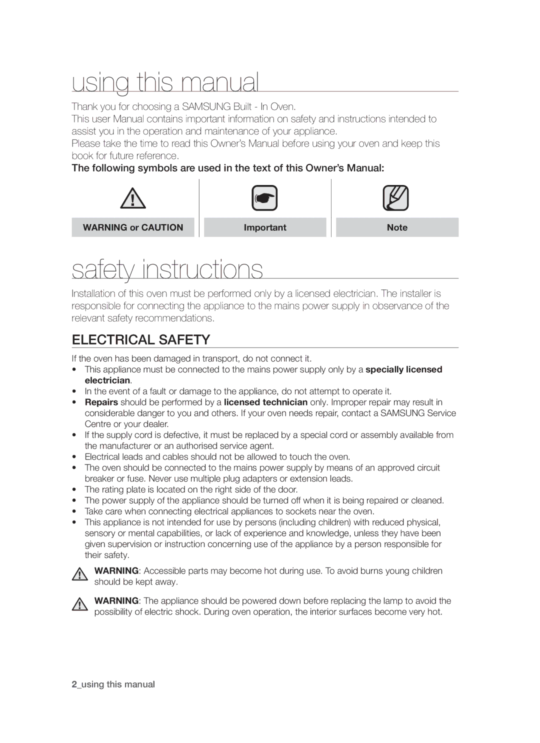 Samsung BF1N4T014/XEH Using this manual, Safety instructions, Electrical safety 