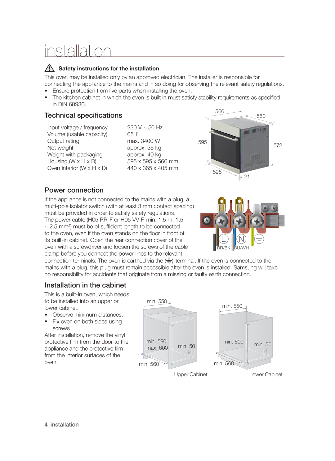 Samsung BF1N4T014/XEH manual Technical specifications, Power connection, Installation in the cabinet 