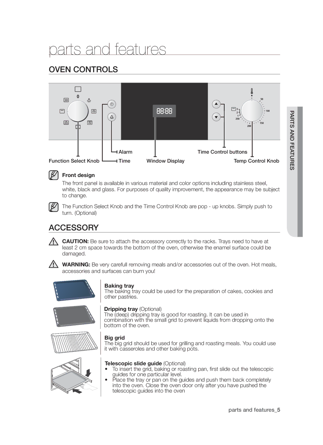 Samsung BF1N4T014/XEH manual Parts and features, Oven controls, Accessory 