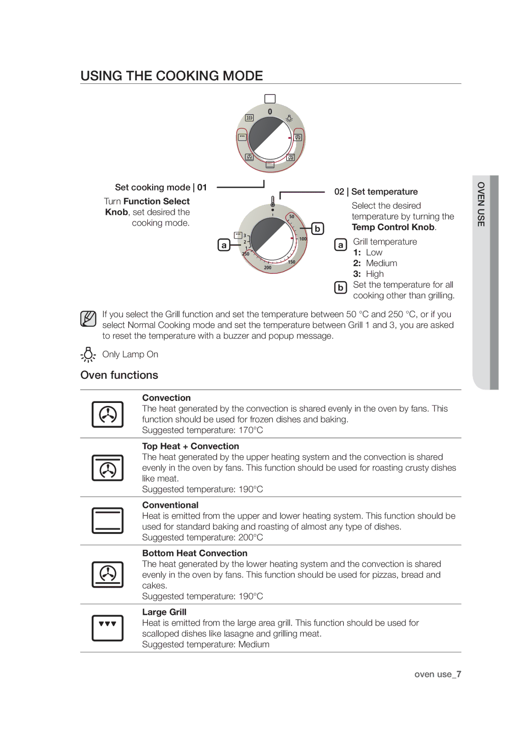 Samsung BF1N4T014/XEH manual Using the Cooking mode, Oven functions 