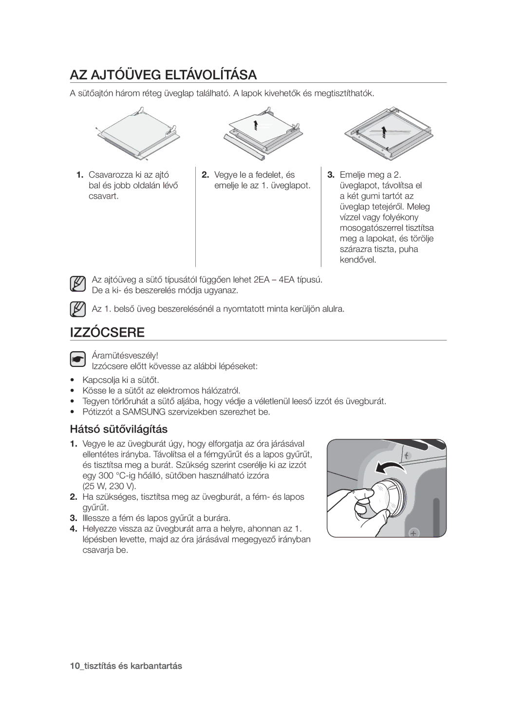 Samsung BF1N4T014/XEH manual Az ajtóüveg eltávolítása, Izzócsere, Hátsó sütővilágítás 