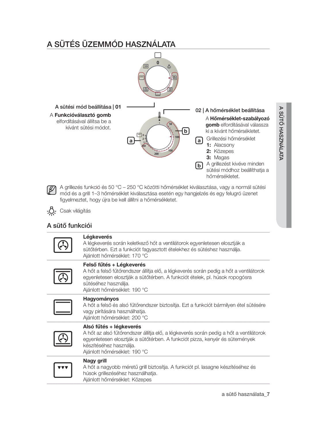 Samsung BF1N4T014/XEH manual Sütés üzemmód használata, Sütő funkciói 