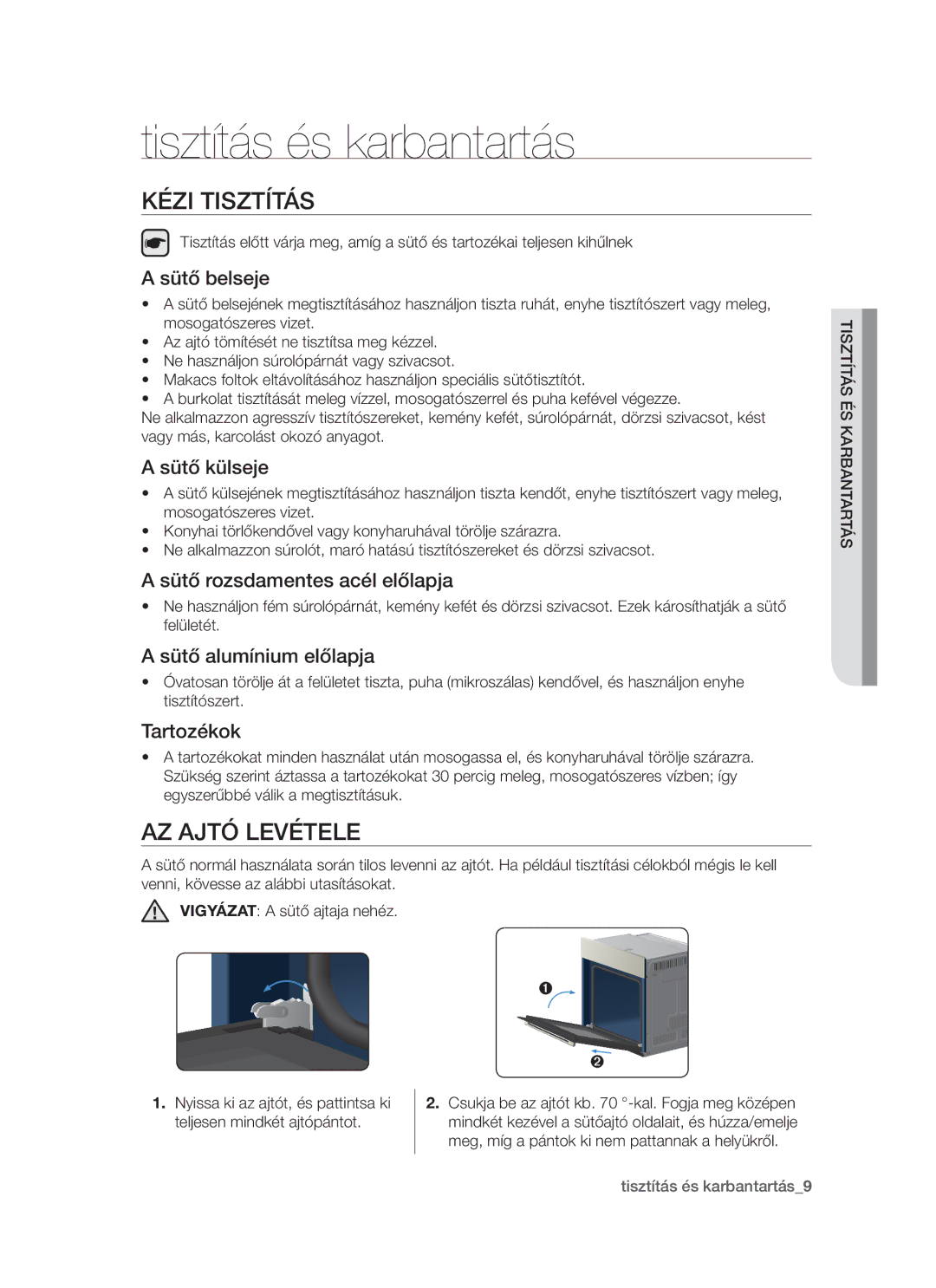 Samsung BF1N4T014/XEH manual Tisztítás és karbantartás, Kézi tisztítás, Az ajtó levétele 