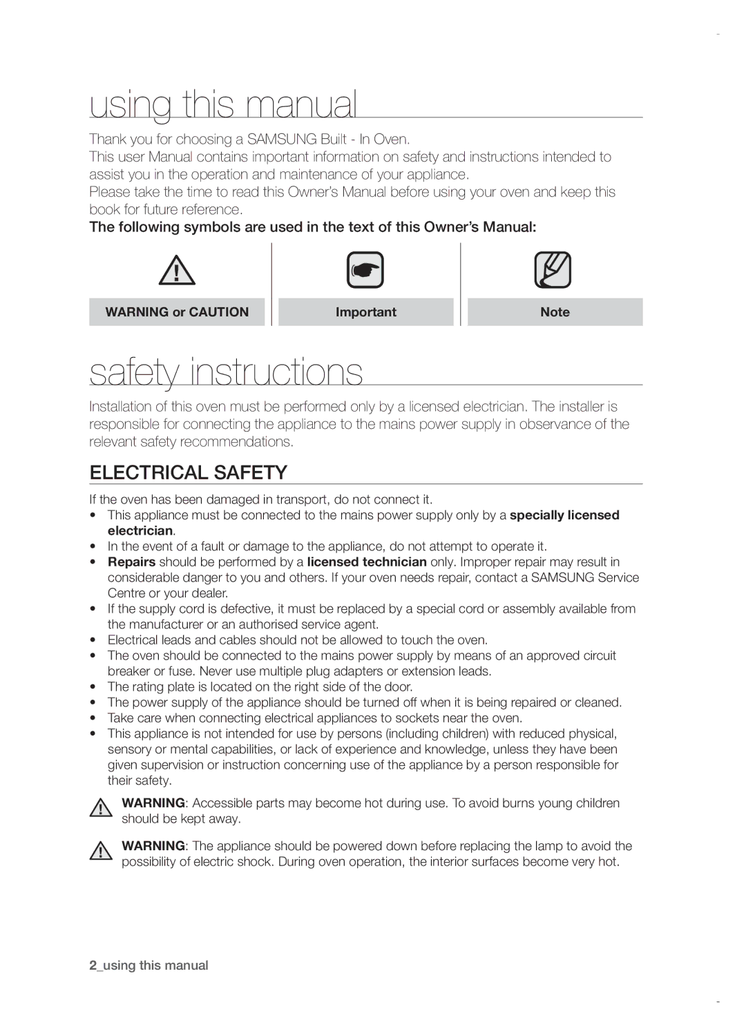 Samsung BF1N4T023/SLI Using this manual, Safety instructions, Electrical safety 