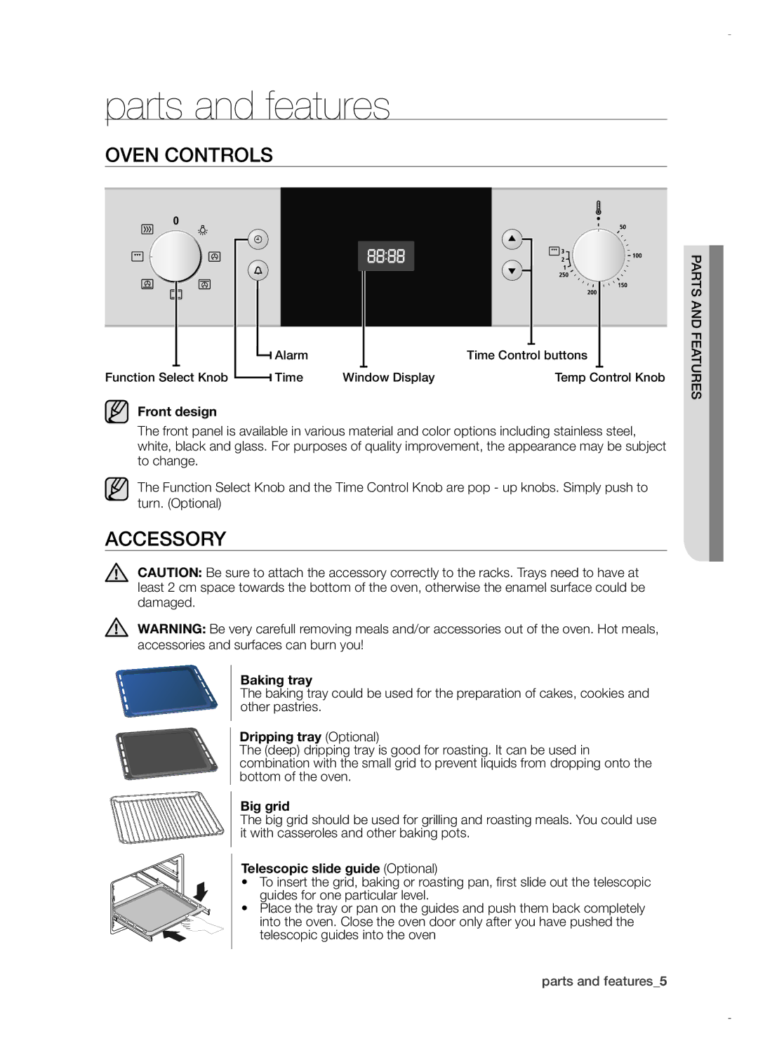 Samsung BF1N4T023/SLI manual Parts and features, Oven controls, Accessory 