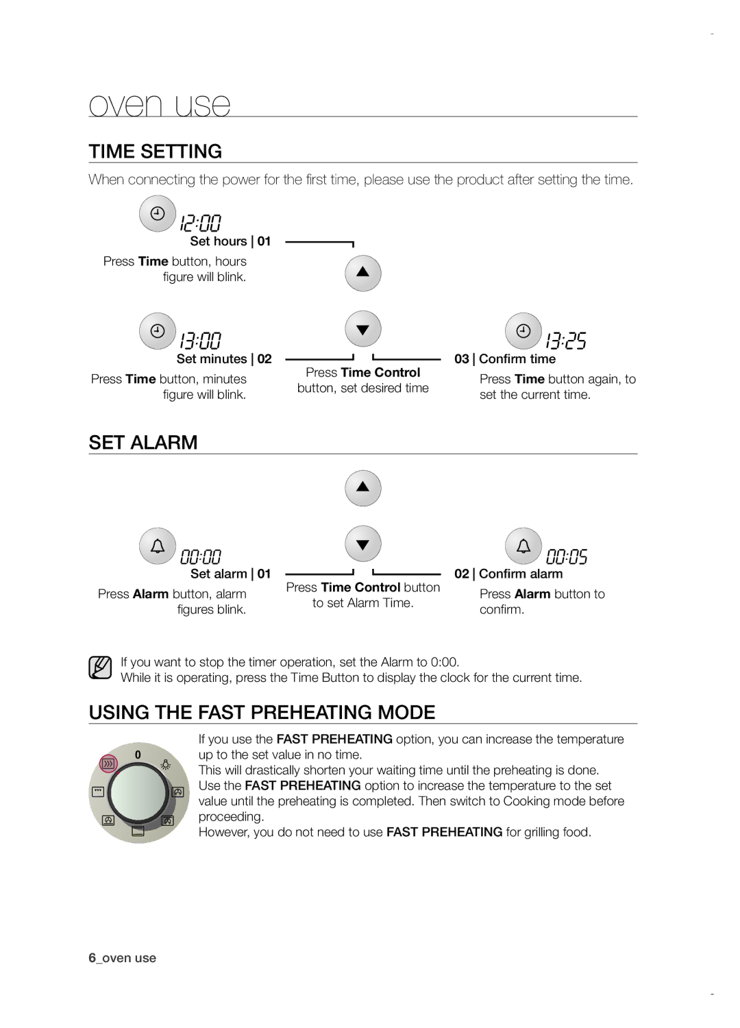 Samsung BF1N4T023/SLI manual Oven use, Time setting, Set Alarm, Using the Fast Preheating mode 