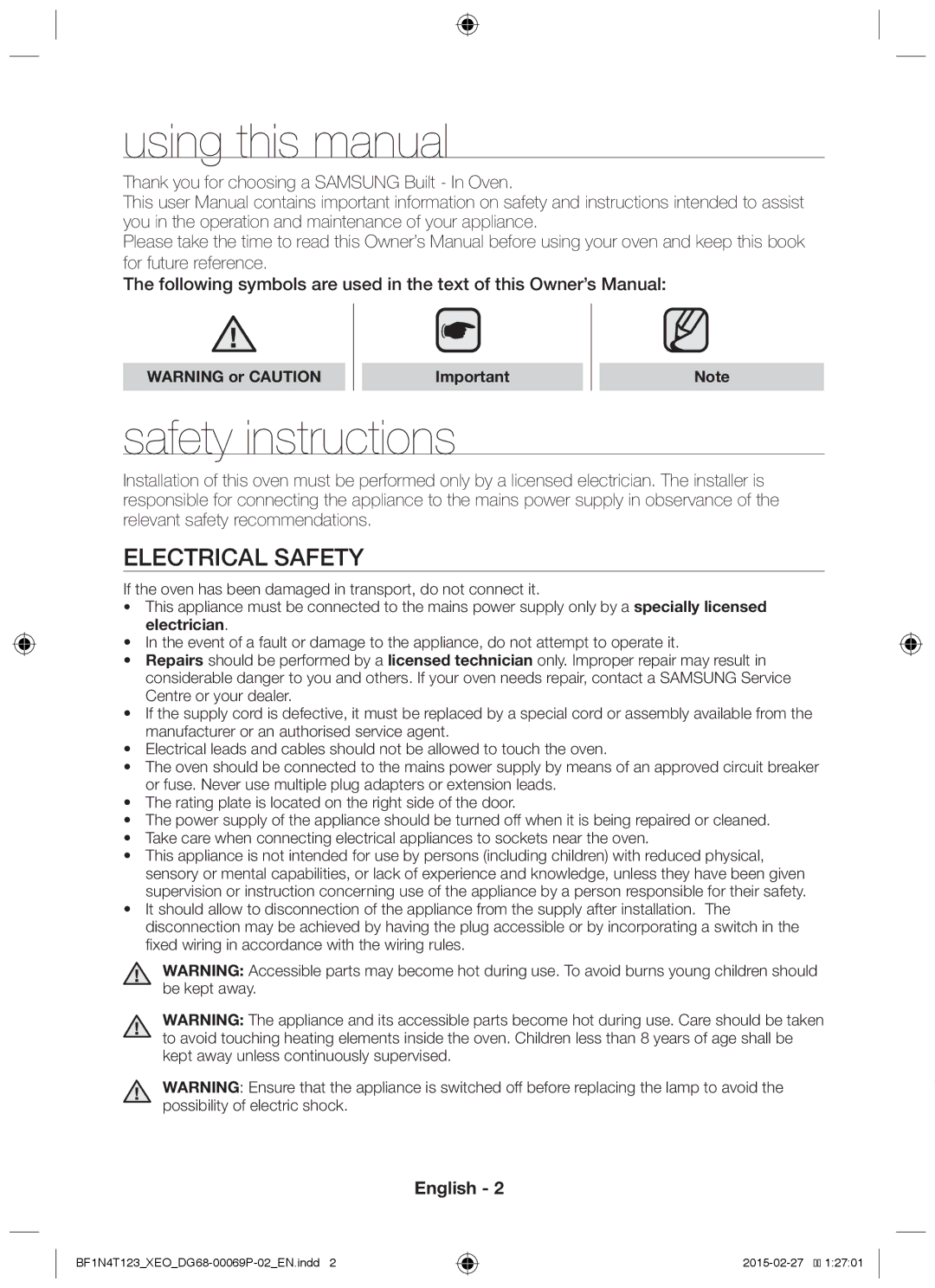 Samsung BF1N4T123/XEO Using this manual, Safety instructions, Electrical safety 