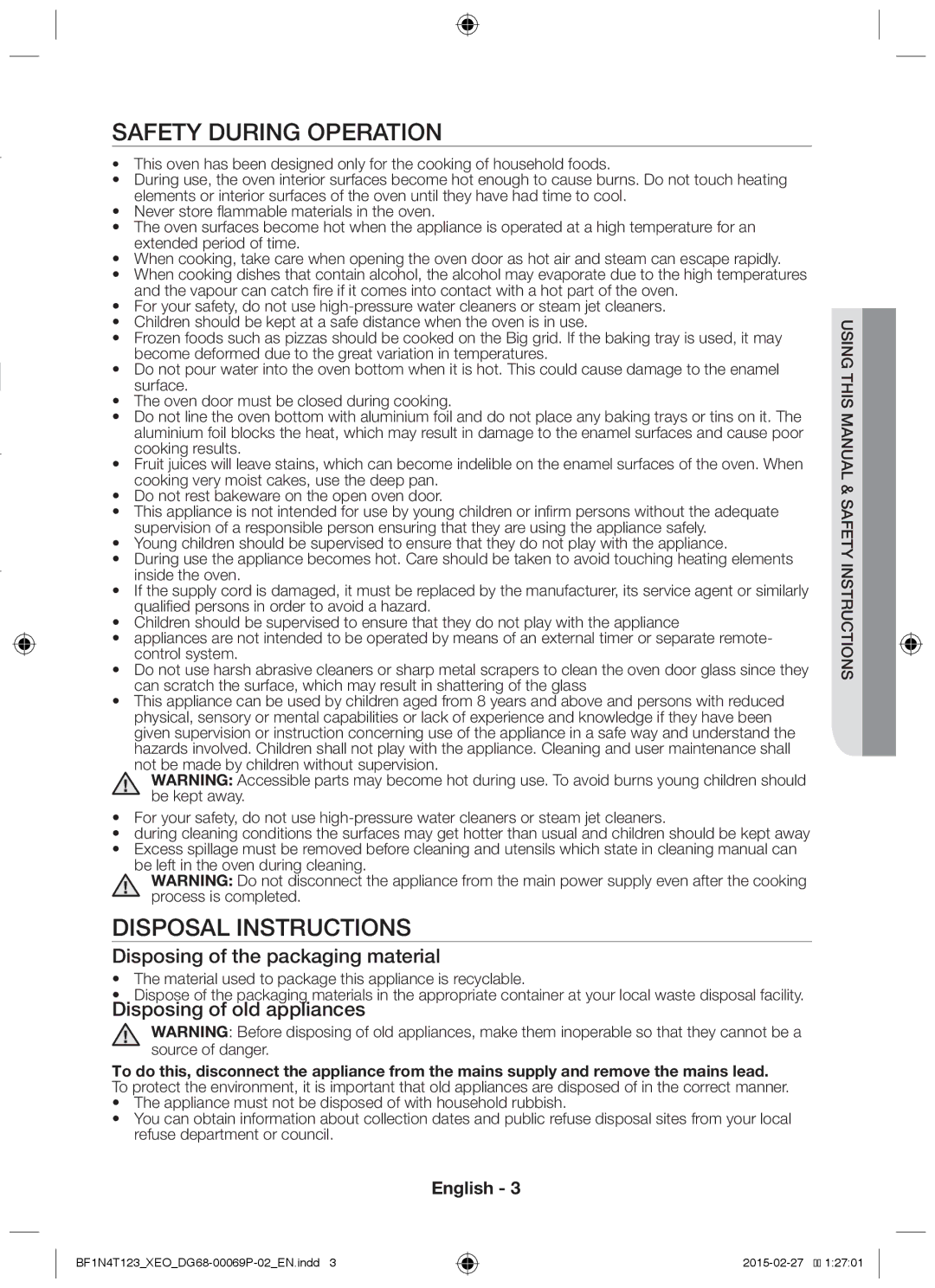 Samsung BF1N4T123/XEO manual Safety during operation, Disposal Instructions, Disposing of the packaging material 