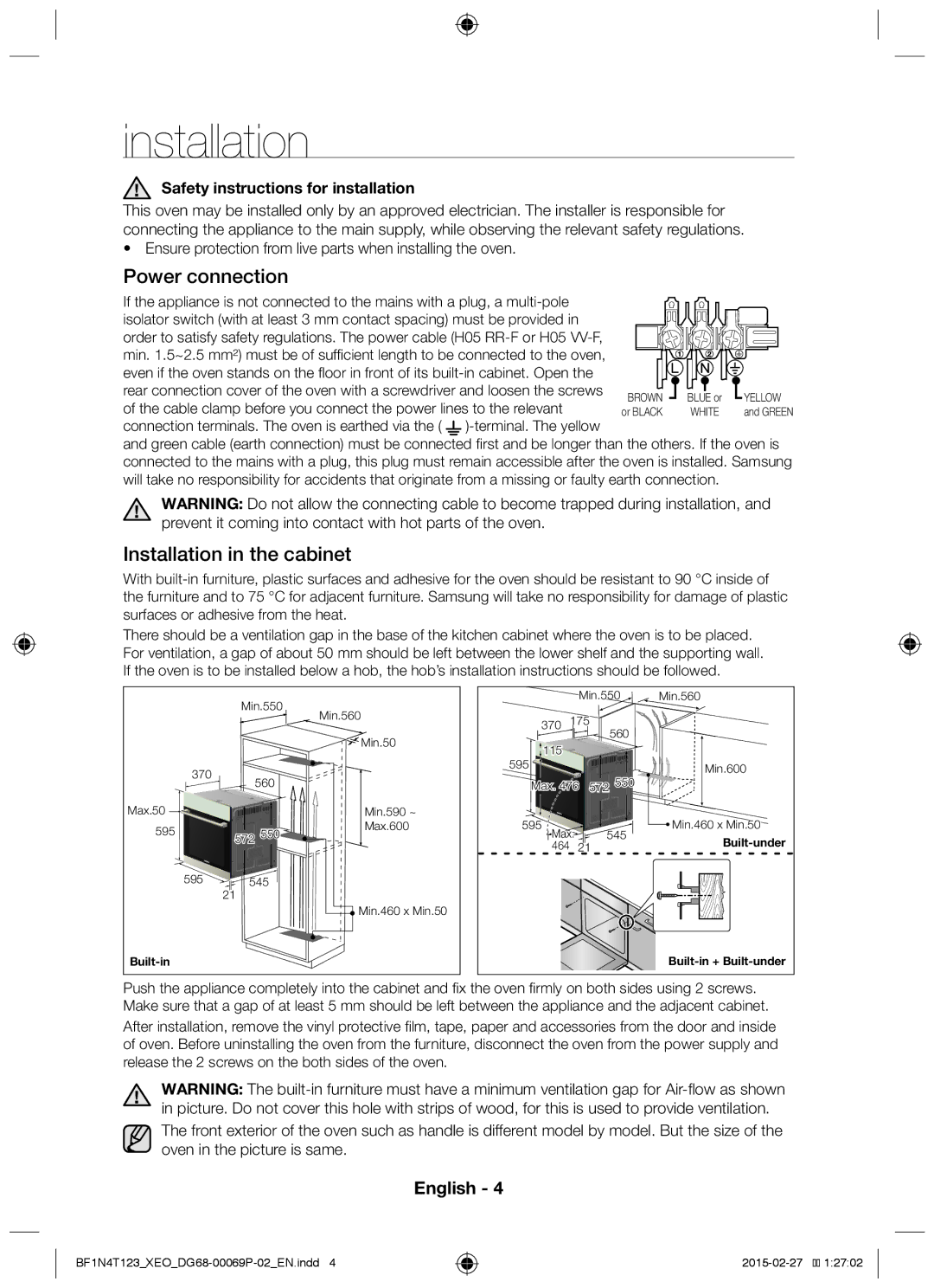 Samsung BF1N4T123/XEO manual Power connection, Installation in the cabinet, Safety instructions for installation 