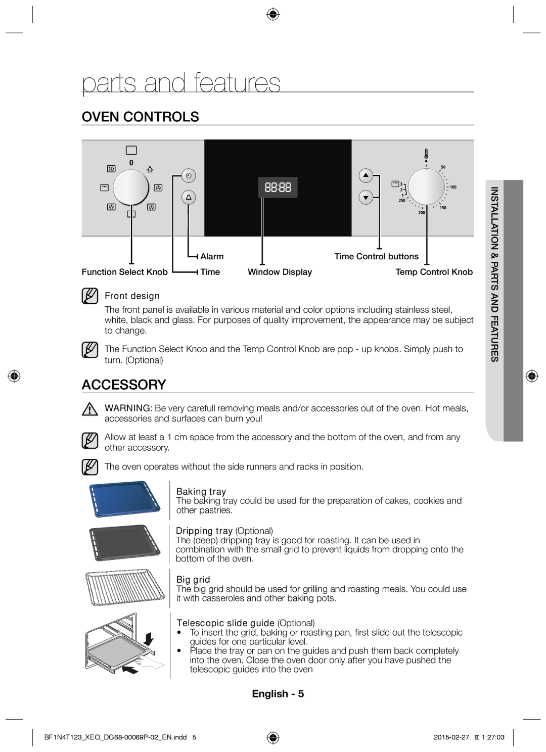 Samsung BF1N4T123/XEO manual Parts and features, Oven controls, Accessory 