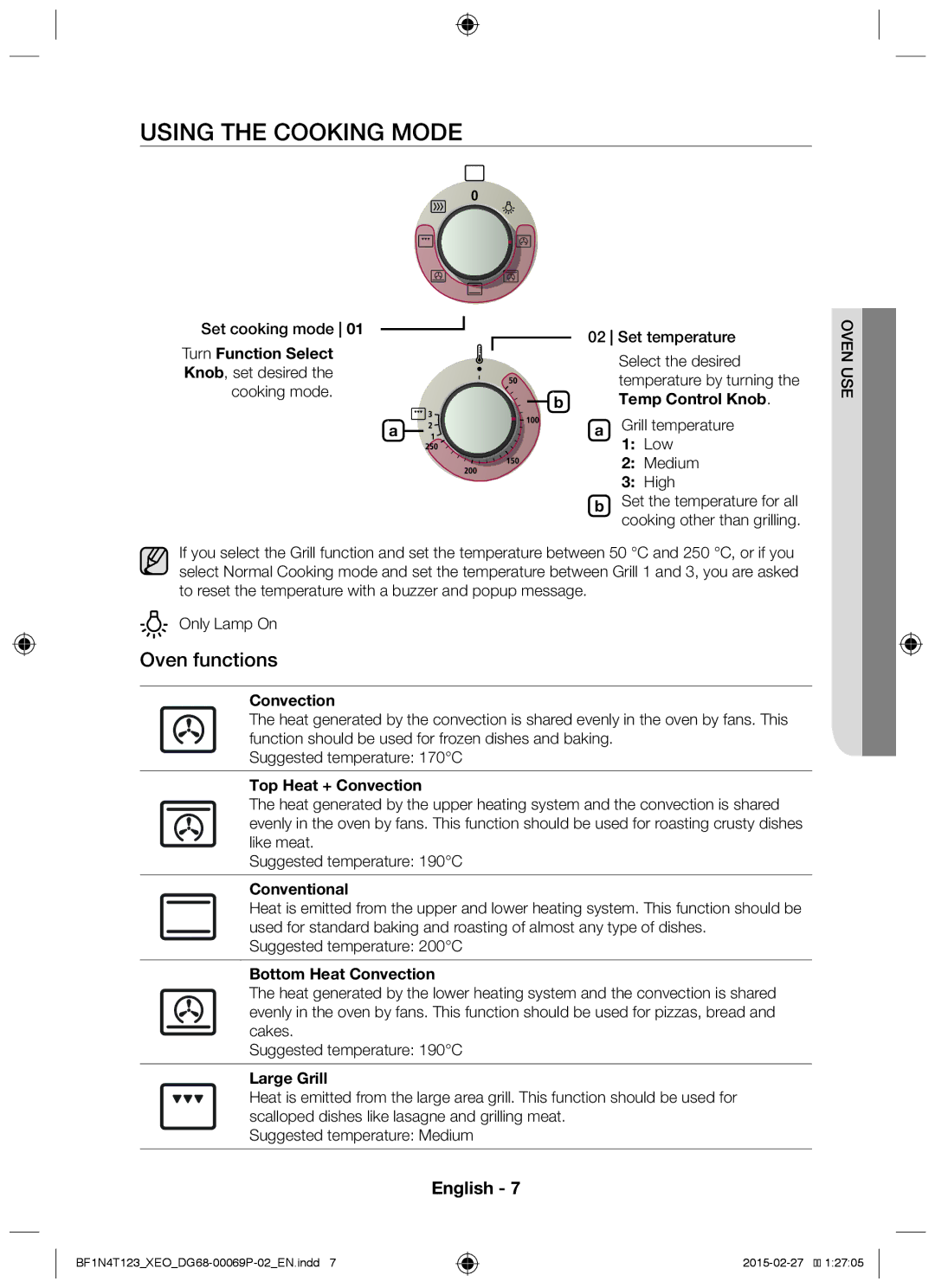 Samsung BF1N4T123/XEO manual Using the Cooking mode, Oven functions 