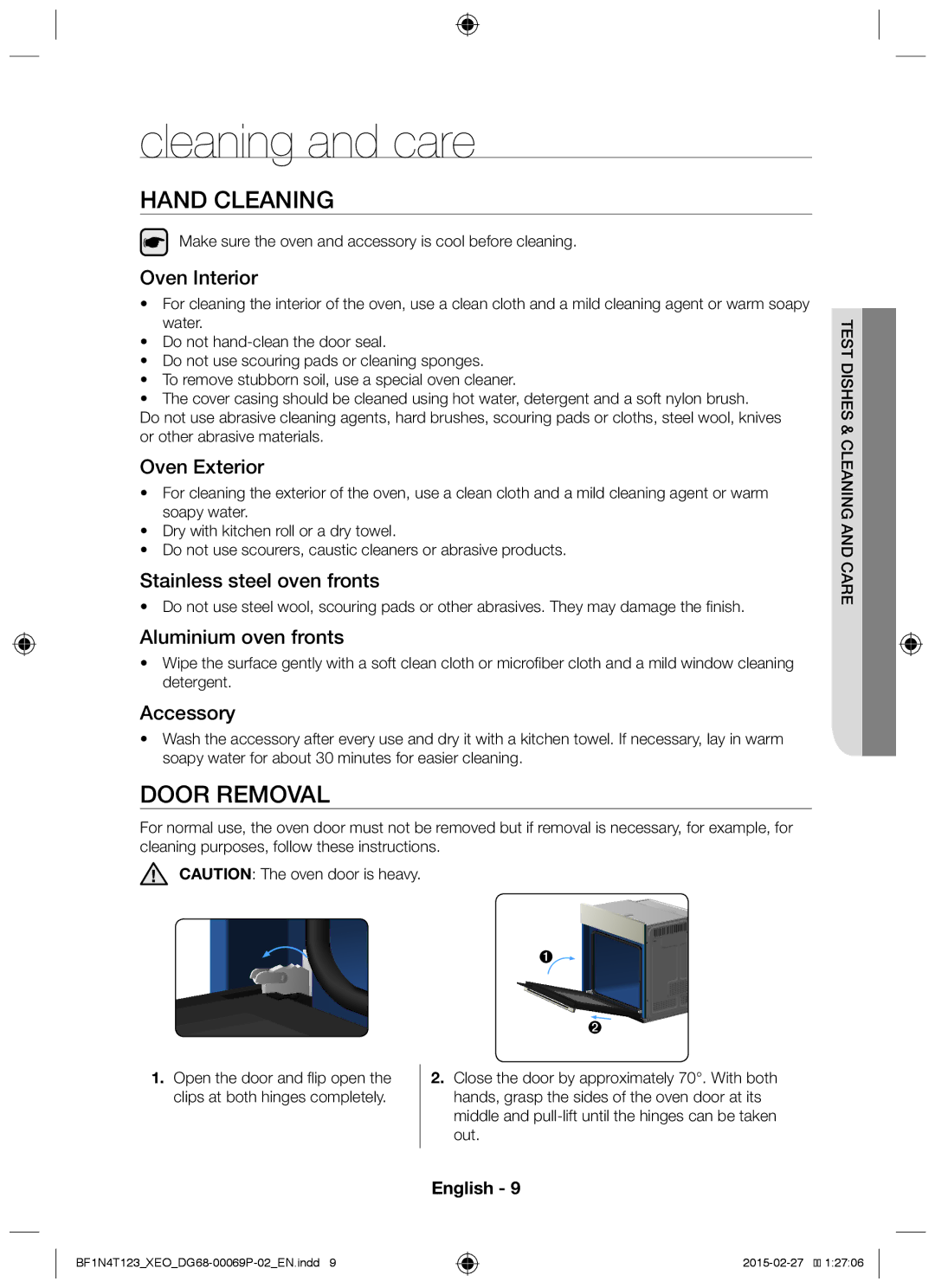 Samsung BF1N4T123/XEO manual Cleaning and care, Hand Cleaning, Door Removal 