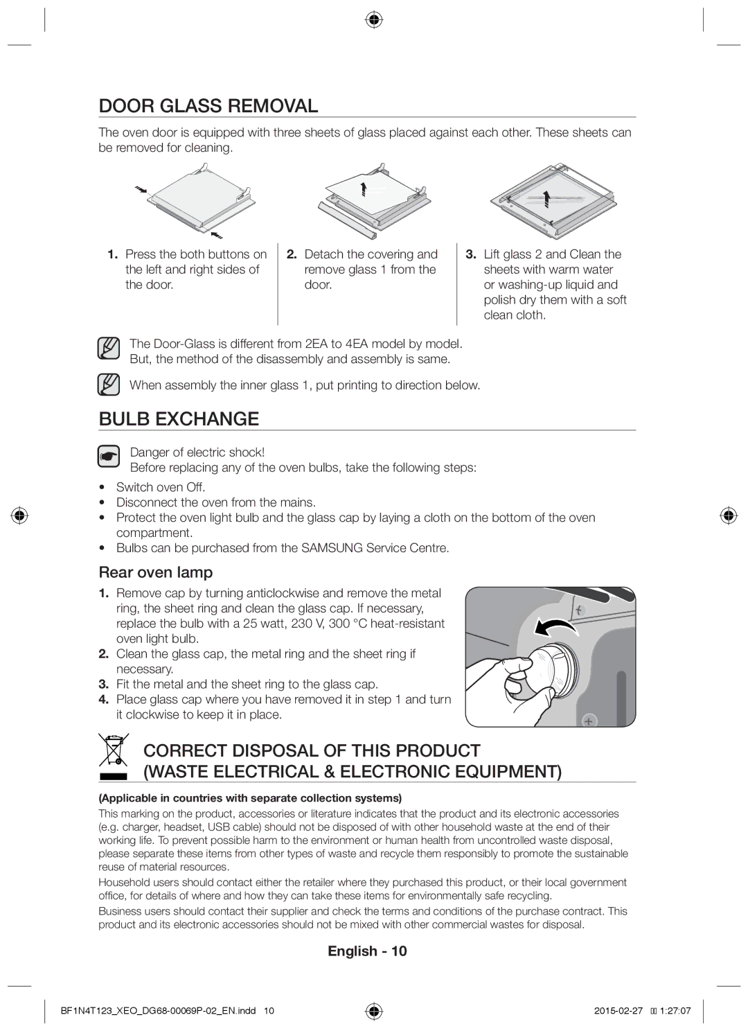 Samsung BF1N4T123/XEO manual Door Glass Removal, Bulb Exchange, Rear oven lamp 