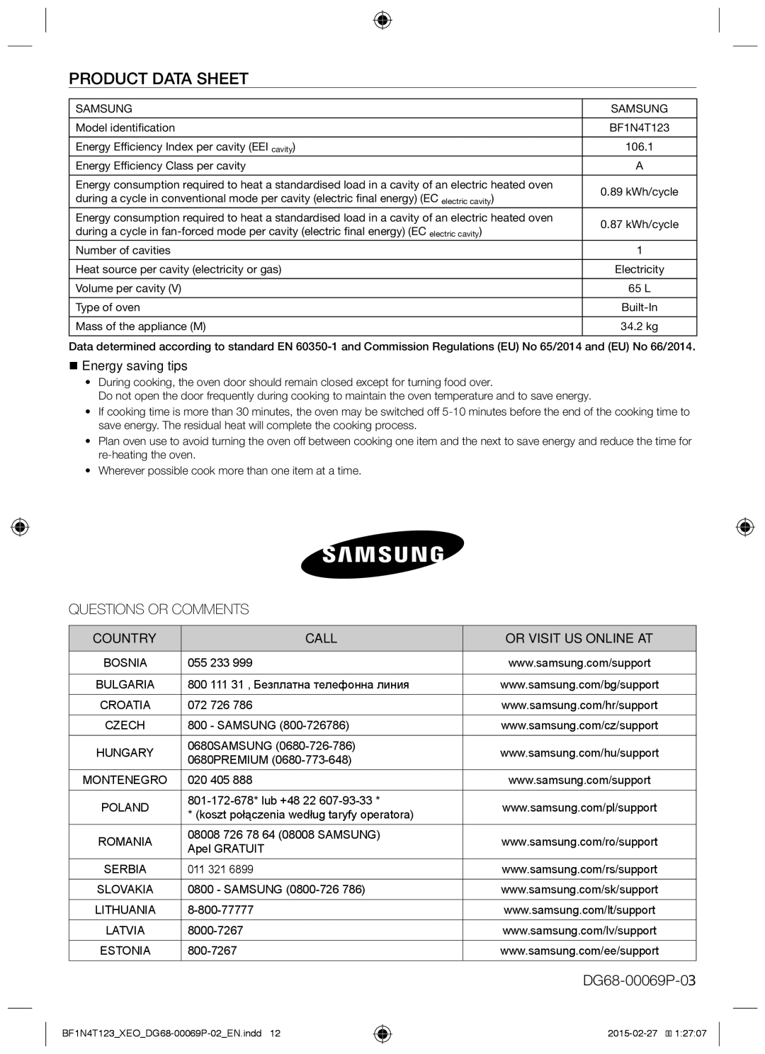 Samsung BF1N4T123/XEO manual Product data sheet,  Energy saving tips, Country Call Or Visit US Online AT 