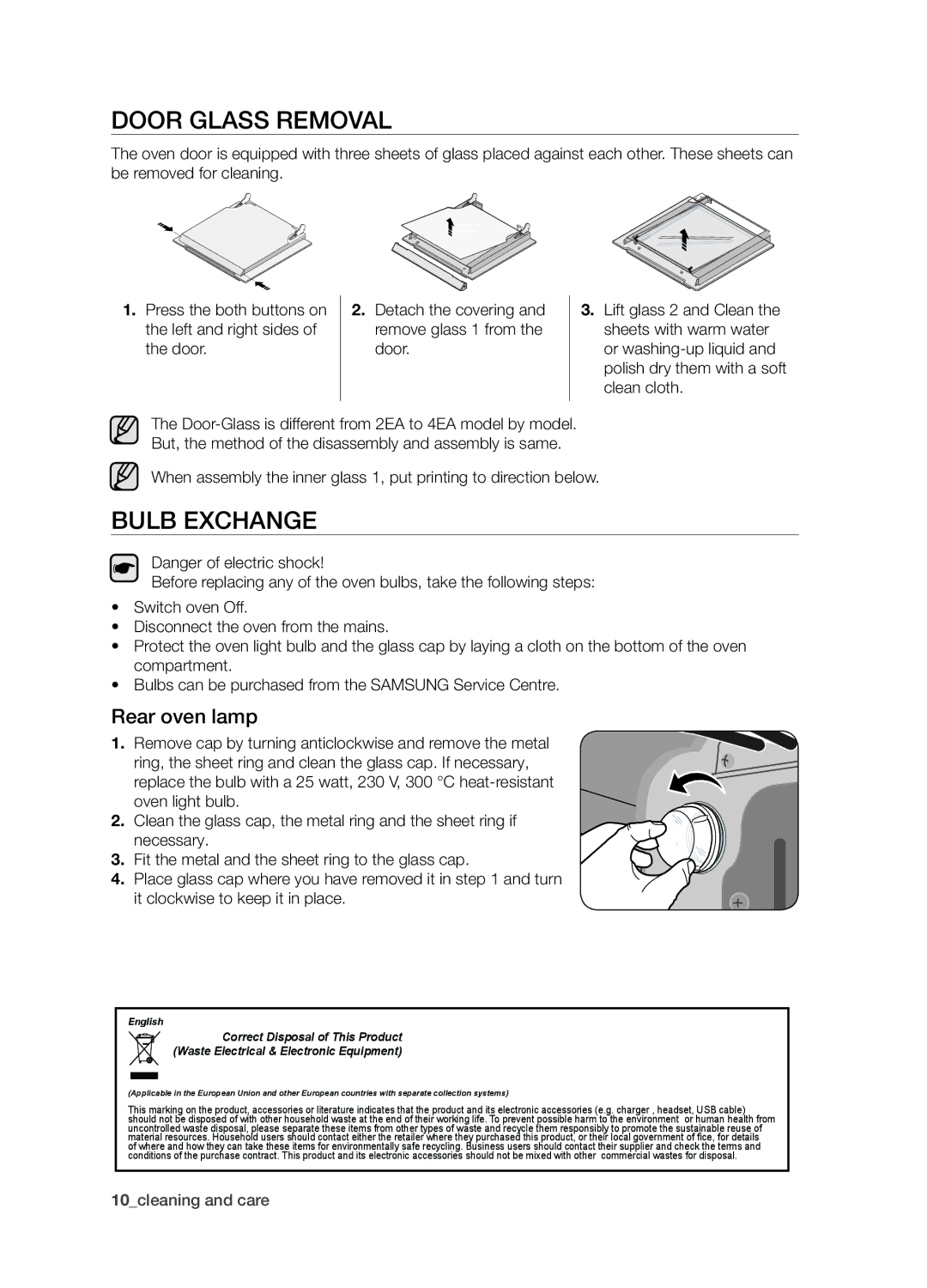 Samsung BF1N4T123/XEO manual Door Glass Removal, Bulb Exchange, Rear oven lamp 