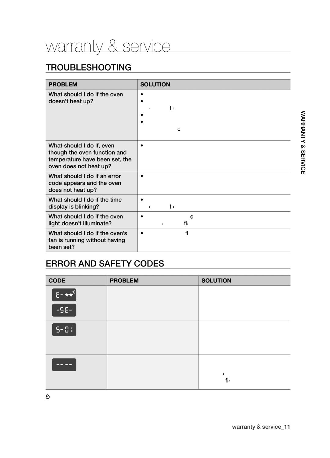 Samsung BF1N4T123/XEO manual Warranty & service, Troubleshooting, Error and Safety Codes 