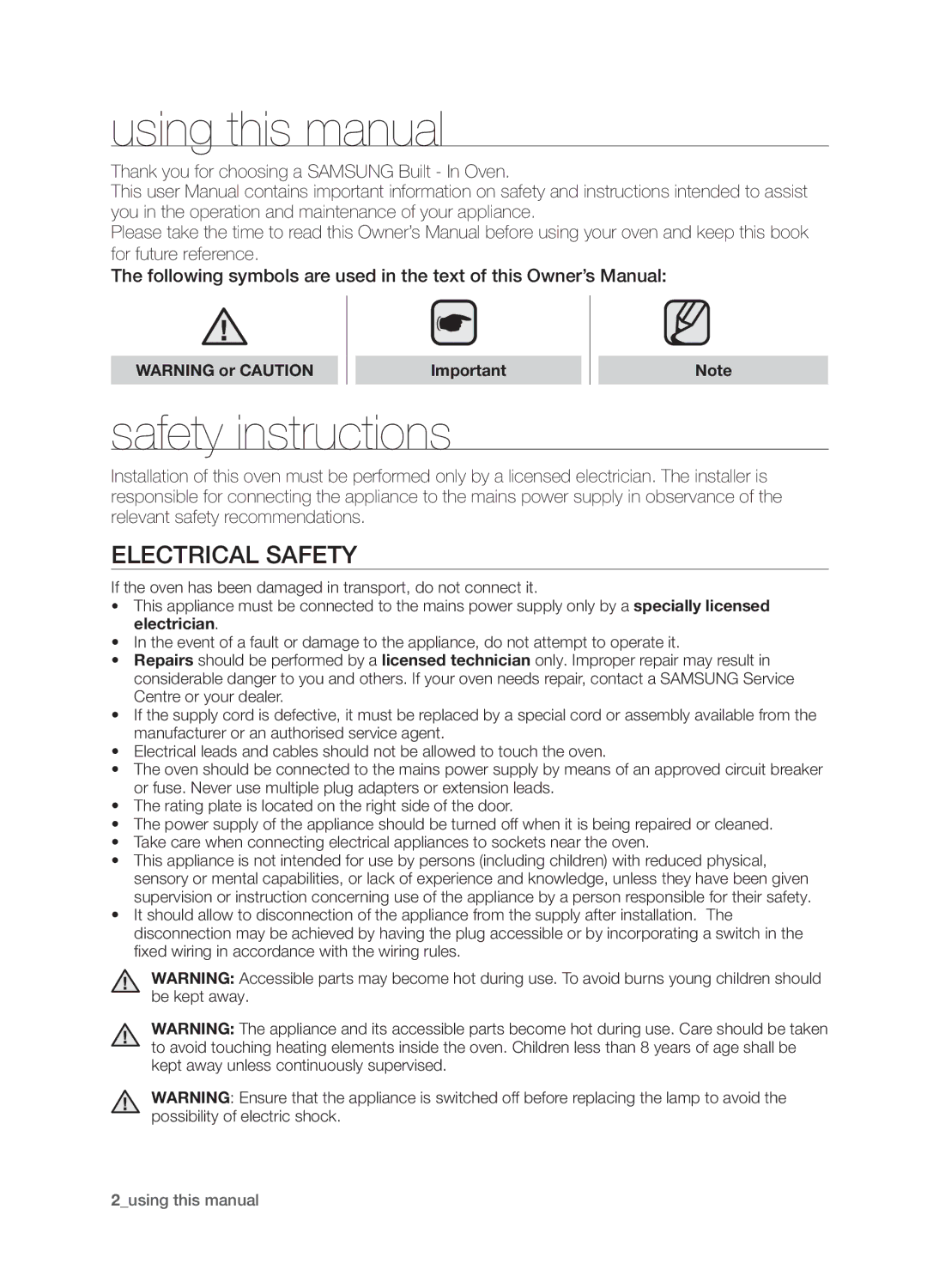 Samsung BF1N4T123/XEO Using this manual, Safety instructions, Electrical Safety 