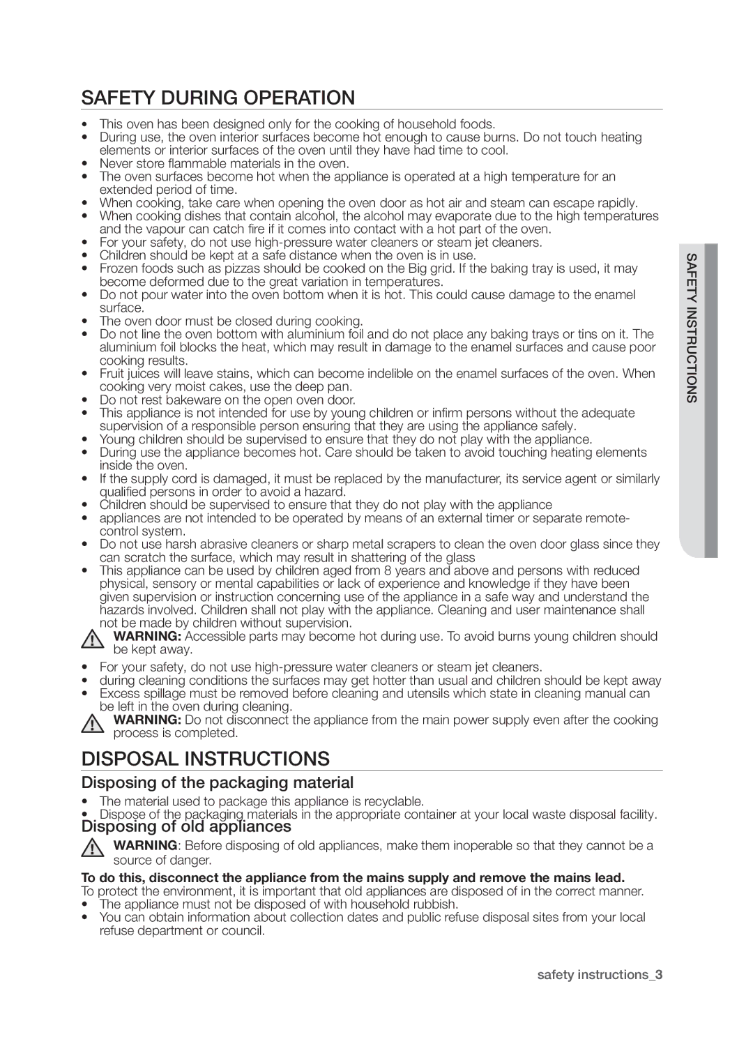 Samsung BF1N4T123/XEO manual Safety During Operation, Disposal Instructions, Disposing of the packaging material 