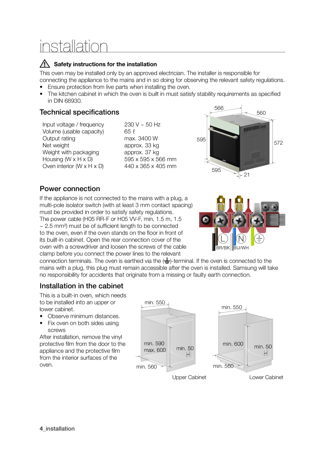 Samsung BF1N4T123/XEO manual Technical specifications, Power connection, Installation in the cabinet 