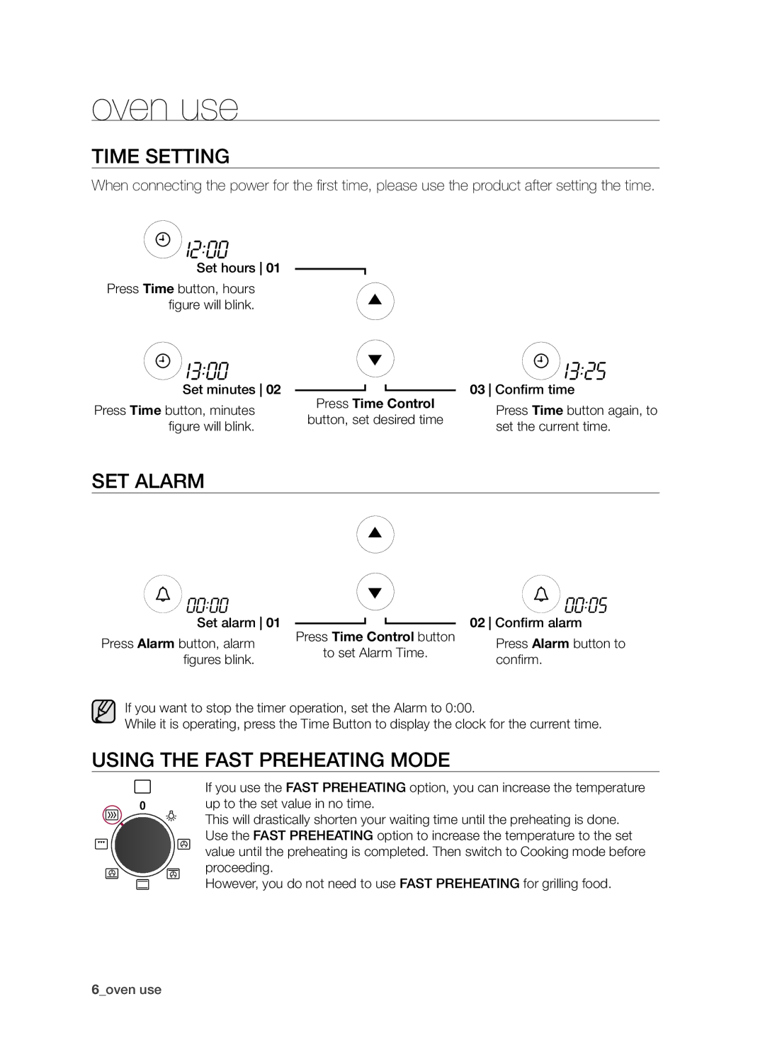 Samsung BF1N4T123/XEO manual Oven use, Time Setting, SET Alarm, Using the Fast Preheating Mode 