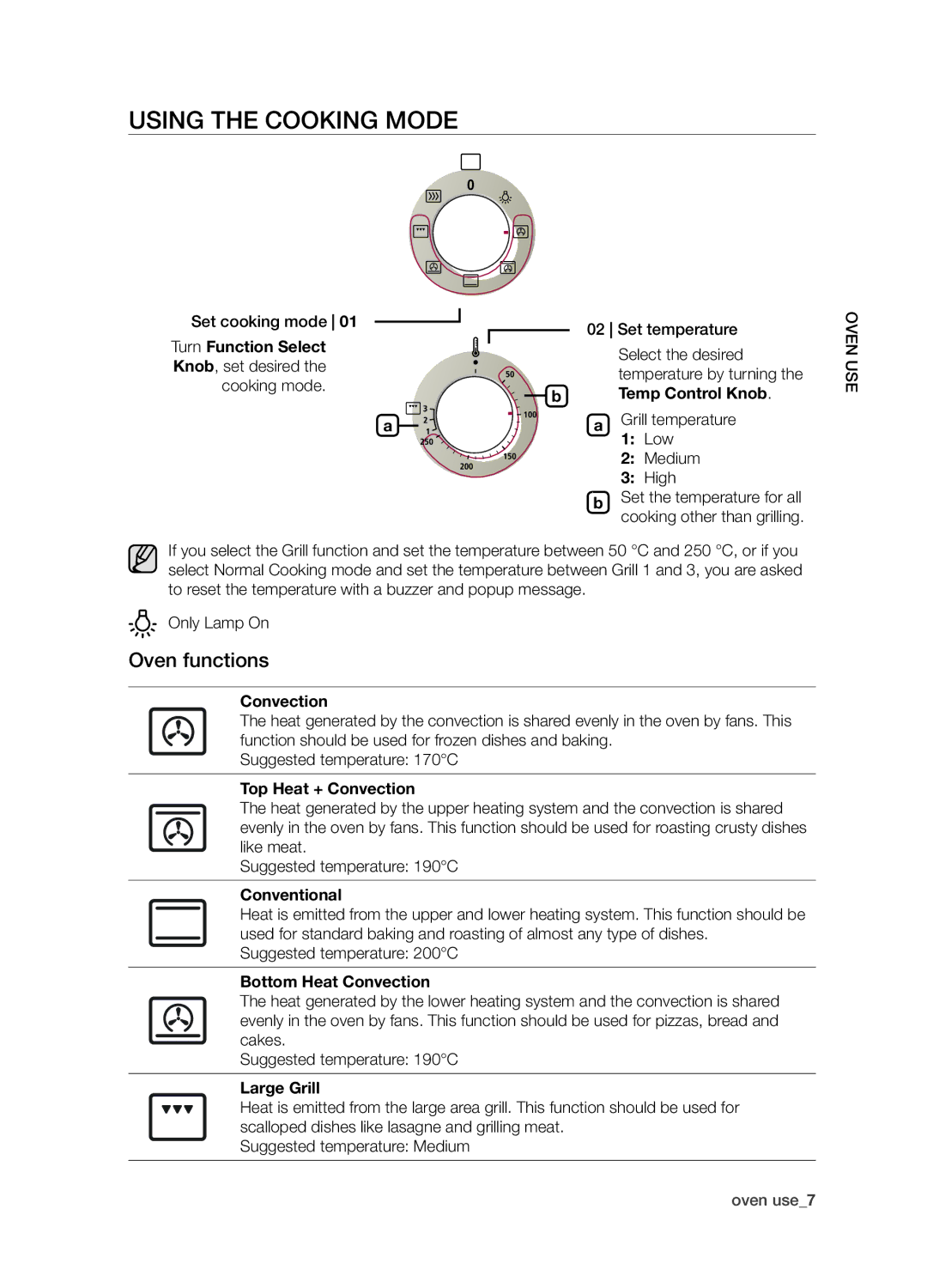 Samsung BF1N4T123/XEO manual Using the Cooking Mode, Oven functions 