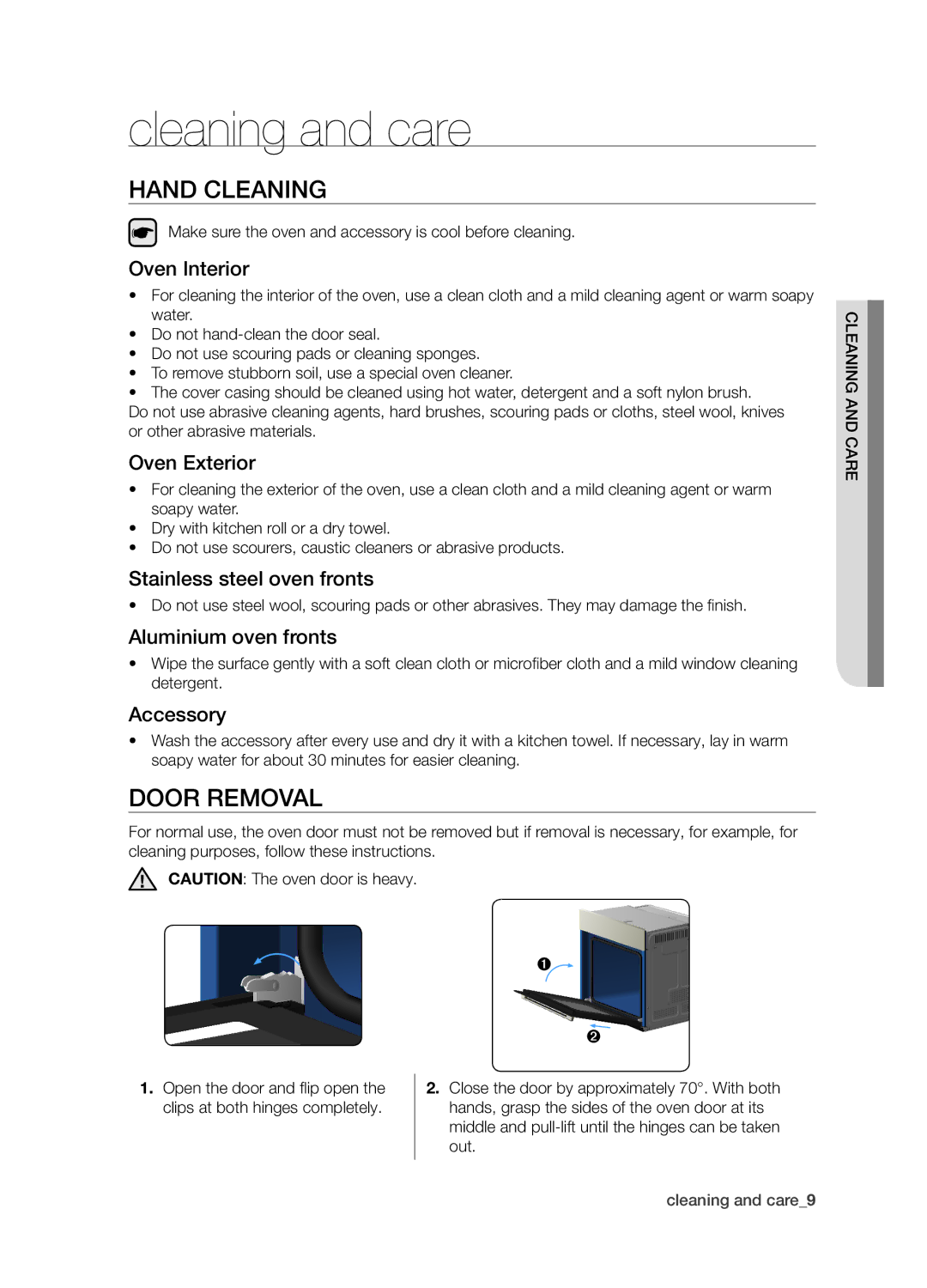 Samsung BF1N4T123/XEO manual Cleaning and care, Hand Cleaning, Door Removal 