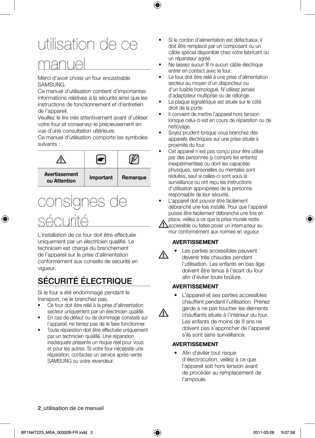 Samsung BF1N4T223/MEA manual Utilisation de ce manuel, Consignes de sécurité, Sécurité électrique 