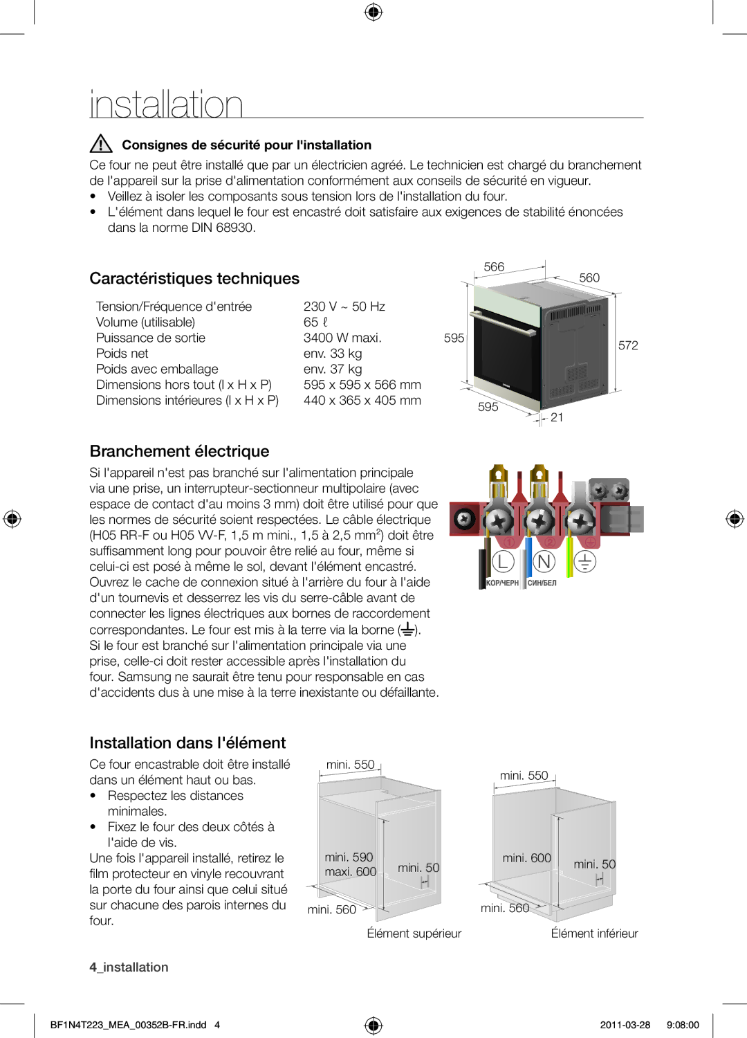 Samsung BF1N4T223/MEA manual Caractéristiques techniques, Branchement électrique, Installation dans lélément 