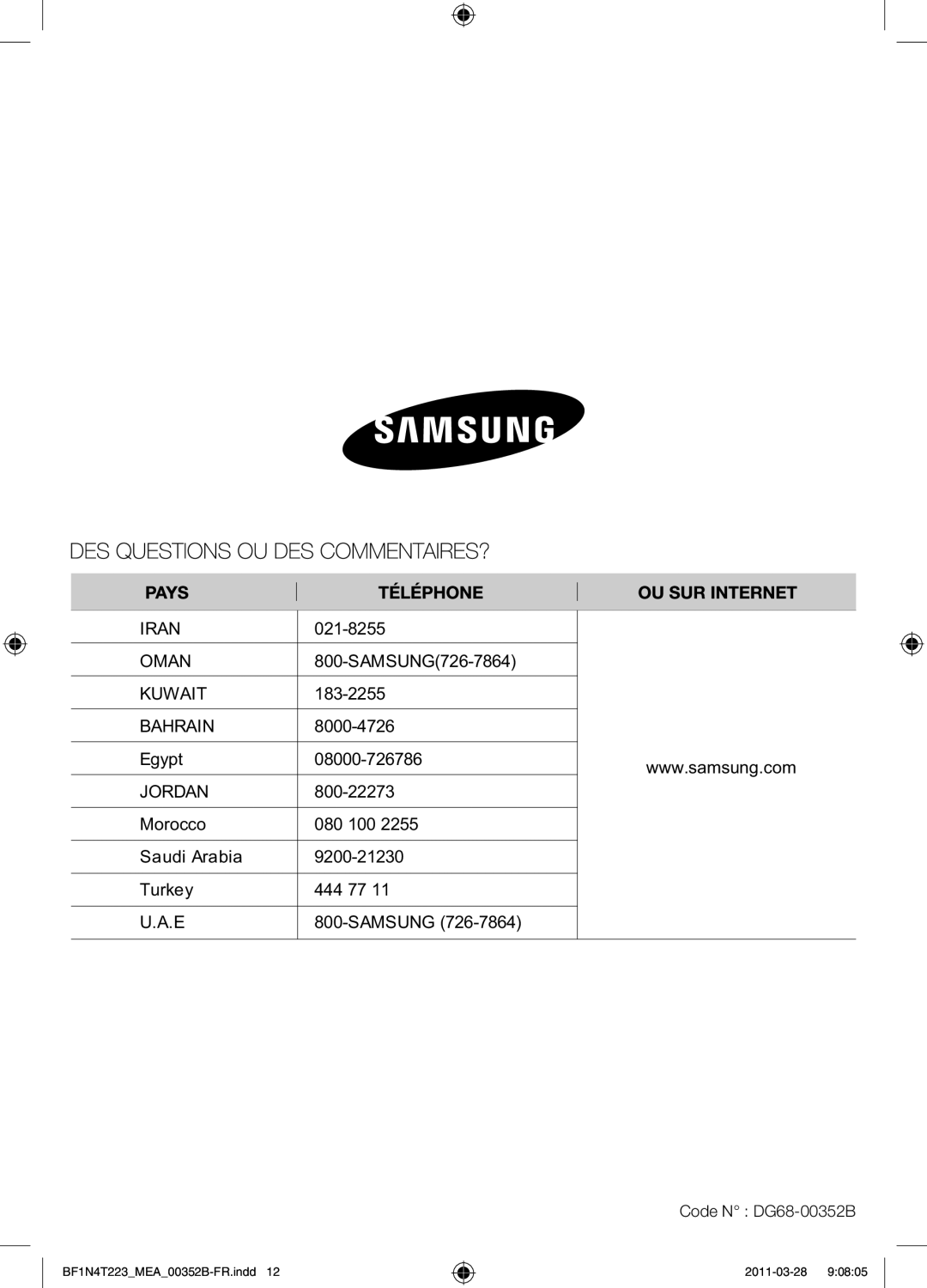 Samsung BF1N4T223/MEA manual Egypt 08000-726786, Code N DG68-00352B 