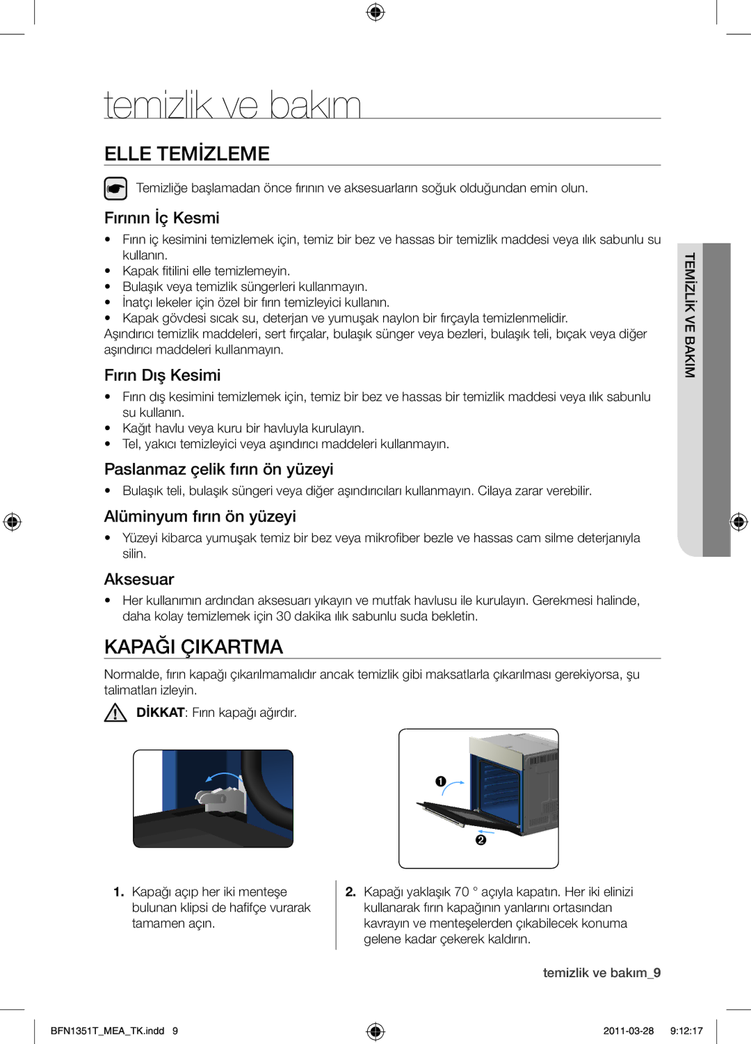 Samsung BF1N4T223/MEA manual Temizlik ve bakım, Elle Temizleme, Kapağı Çıkartma 