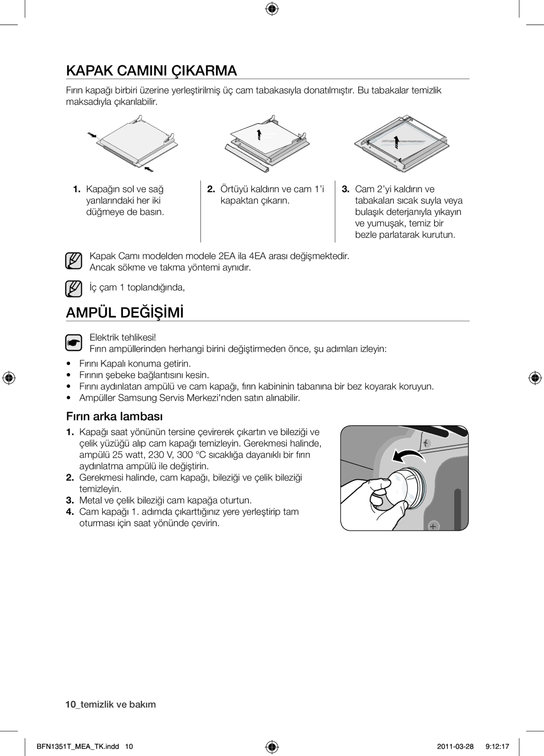 Samsung BF1N4T223/MEA manual Kapak Camını Çıkarma, Ampül Değişimi, Fırın arka lambası 