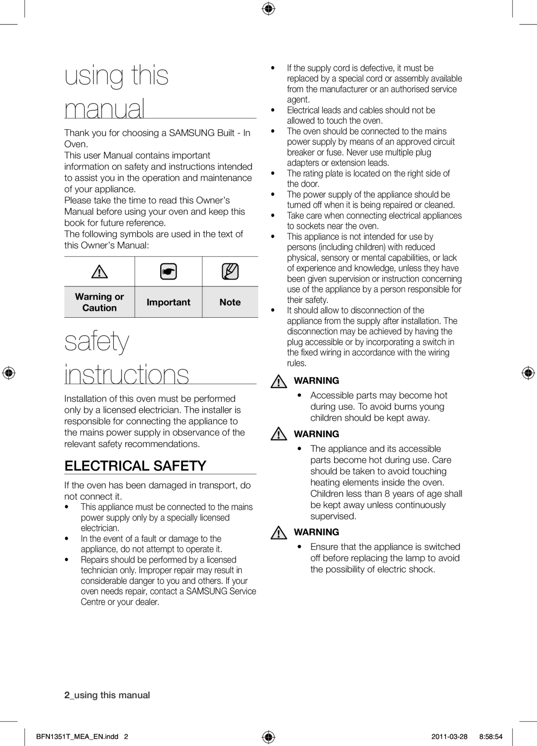 Samsung BF1N4T223/MEA manual Electrical safety, Thank you for choosing a Samsung Built In Oven 