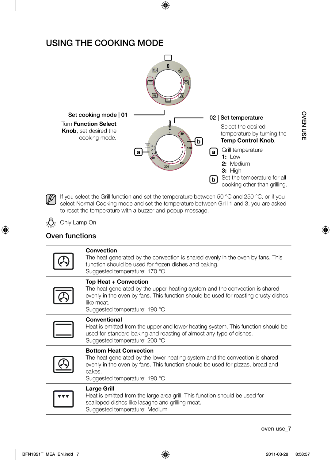 Samsung BF1N4T223/MEA manual Using the Cooking mode, Oven functions 