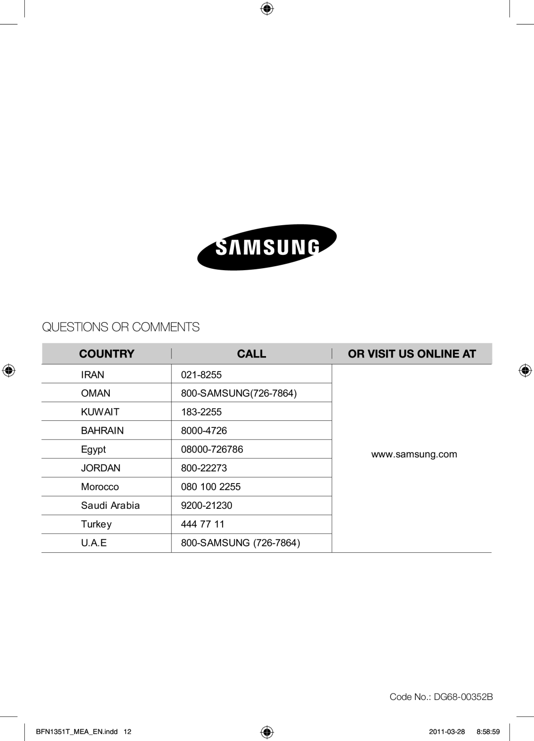 Samsung BF1N4T223/MEA manual 021-8255, Code No. DG68-00352B 