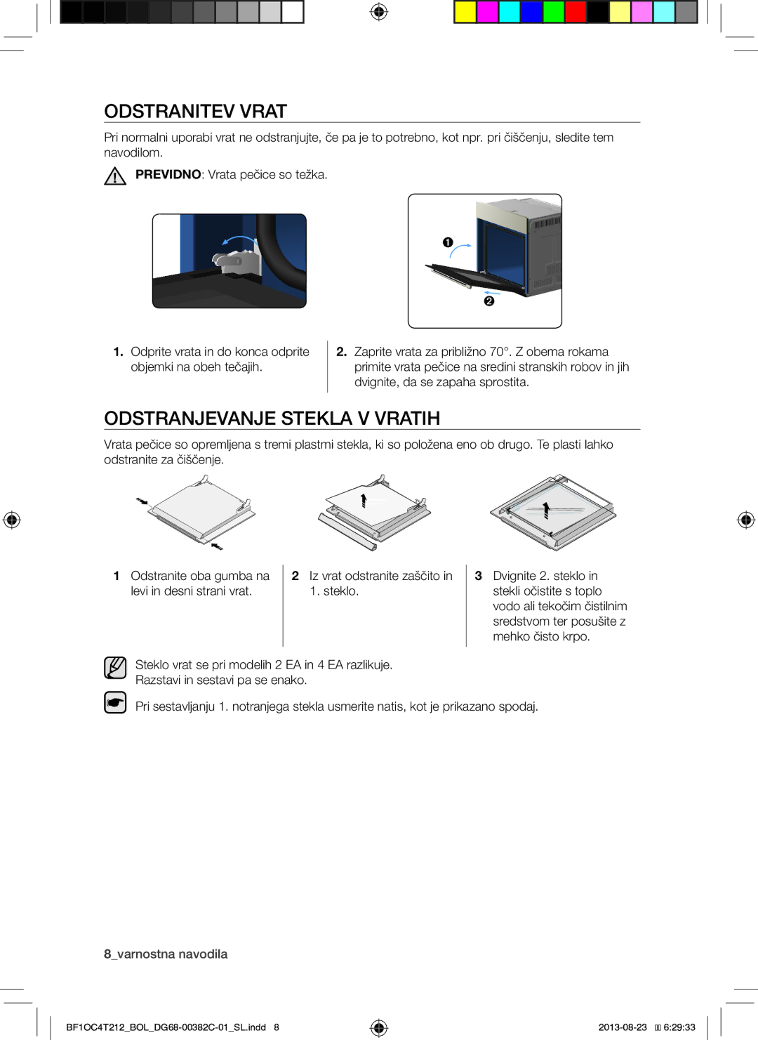 Samsung BF1OC4T212/BOL manual Odstranitev Vrat, Odstranjevanje Stekla V Vratih, 8varnostna navodila 