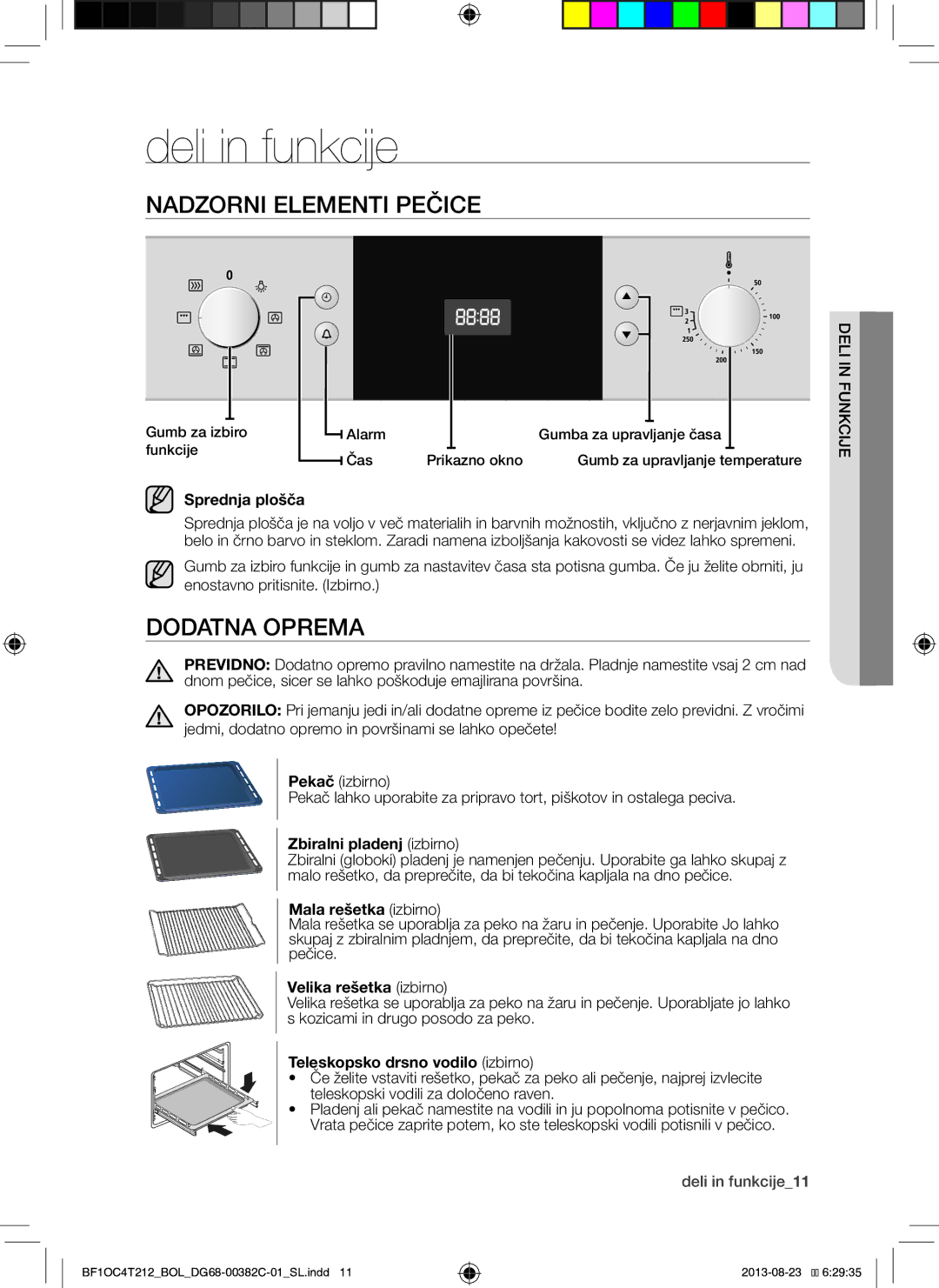 Samsung BF1OC4T212/BOL manual Deli in funkcije, Nadzorni Elementi Pečice, Dodatna Oprema 