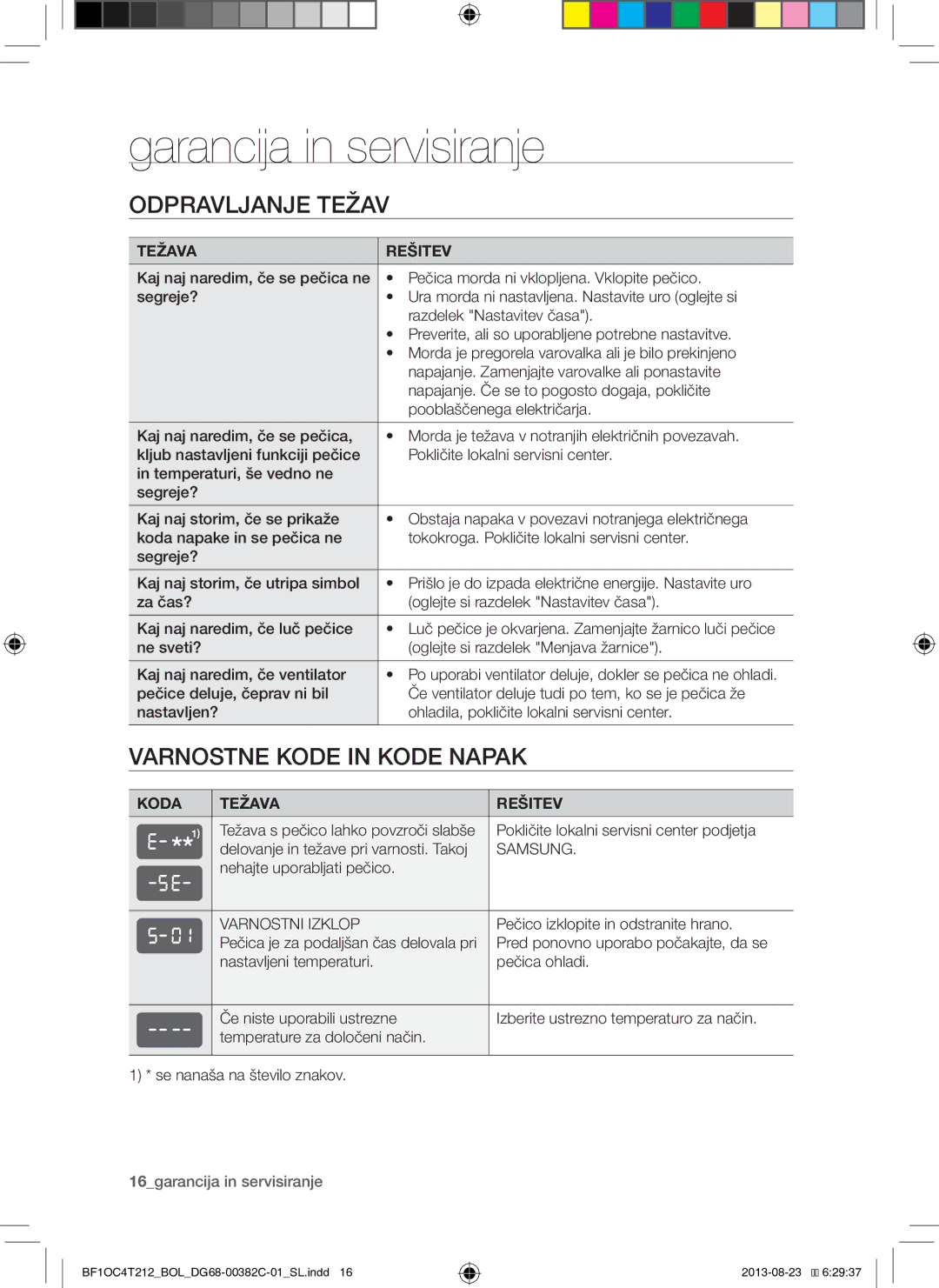 Samsung BF1OC4T212/BOL manual Garancija in servisiranje, Odpravljanje Težav, Varnostne Kode in Kode Napak, Varnostni Izklop 