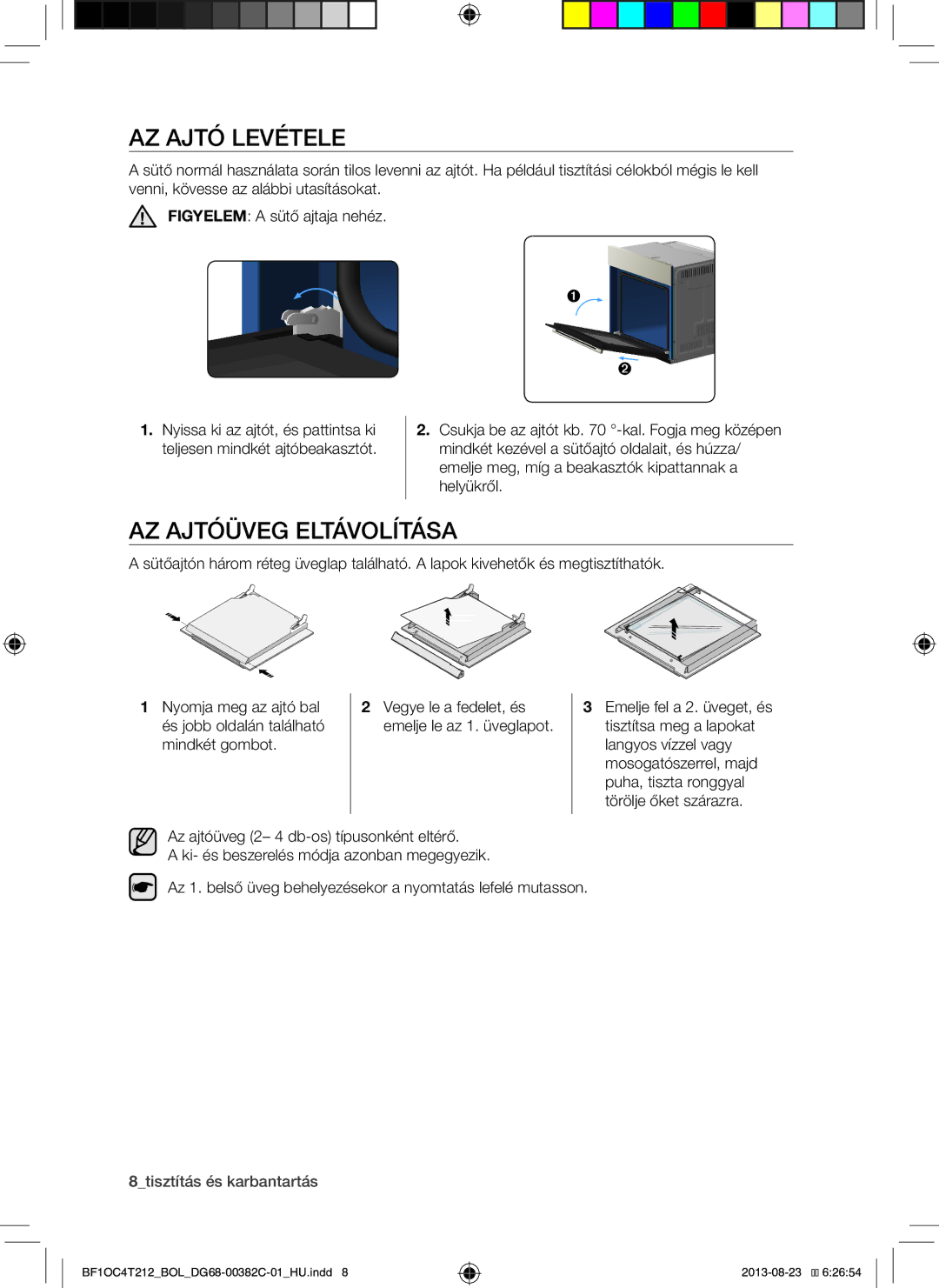 Samsung BF1OC4T212/BOL manual AZ Ajtó Levétele, AZ Ajtóüveg Eltávolítása, 8tisztítás és karbantartás 