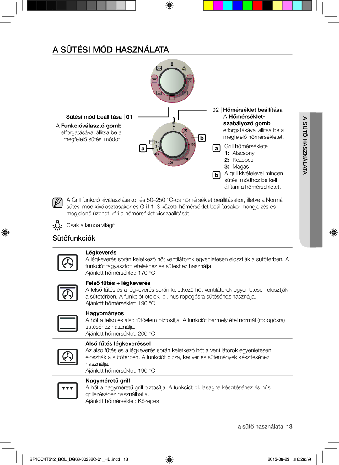 Samsung BF1OC4T212/BOL manual Sütési MÓD Használata, Sütőfunkciók 